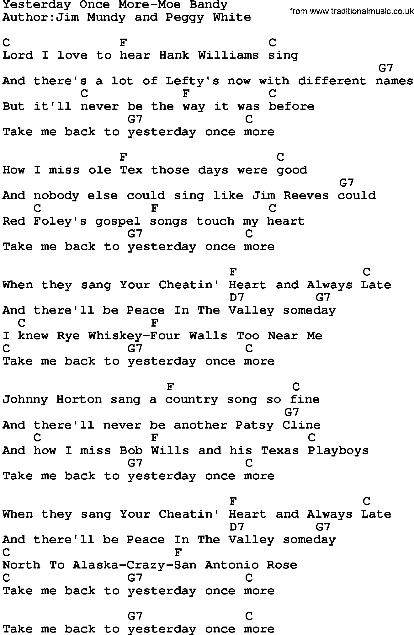 Country Music Yesterday Once More Moe Bandy Lyrics And Chords