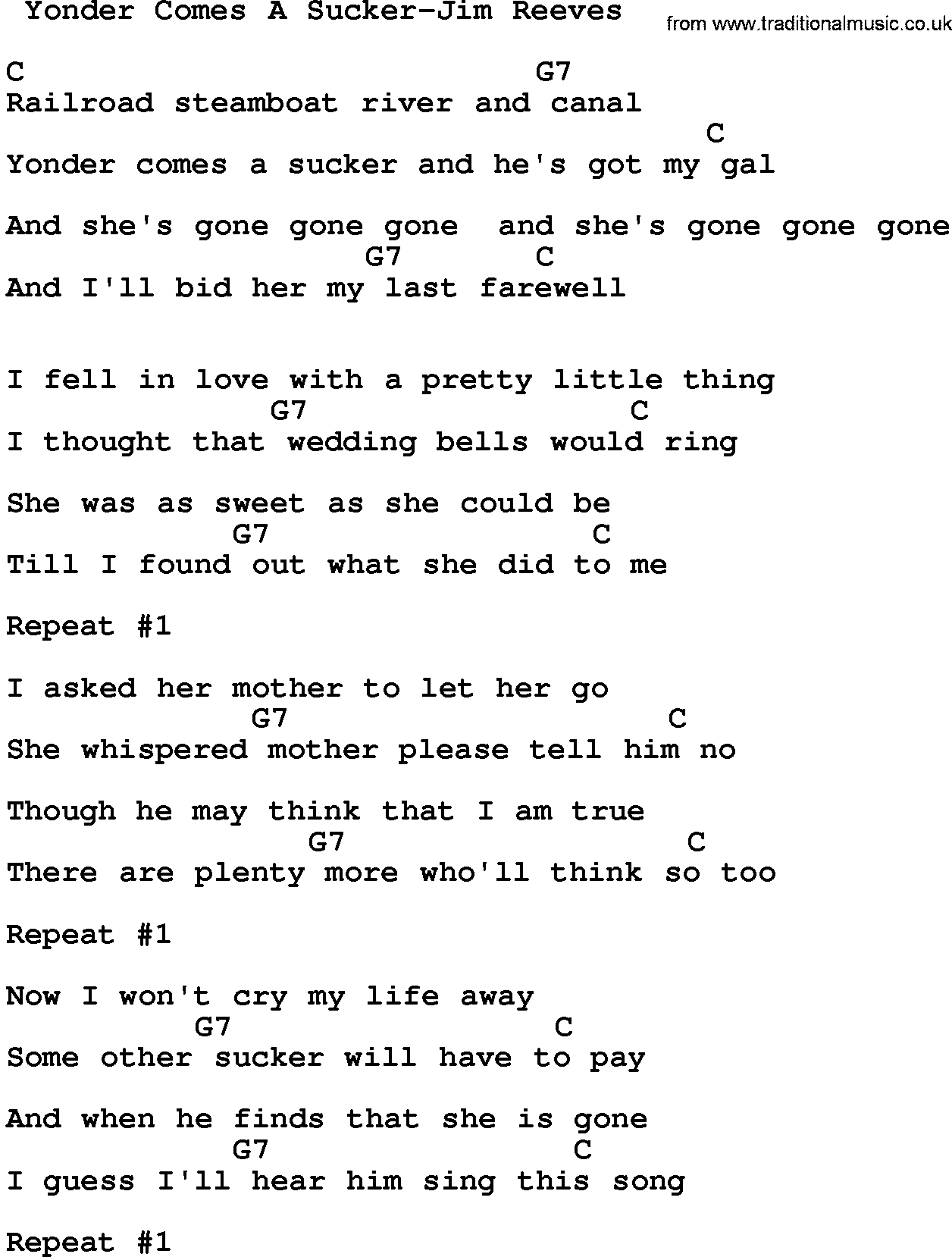 Country music song: Yonder Comes A Sucker-Jim Reeves lyrics and chords