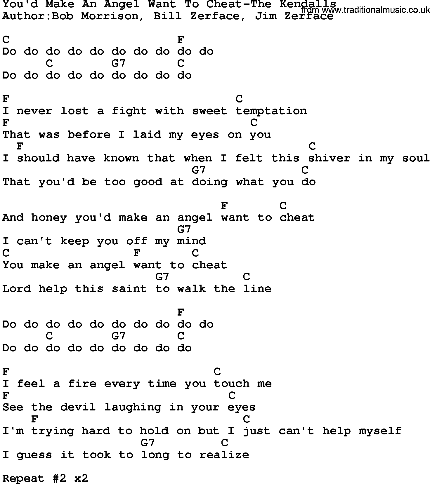 Country music song: You'd Make An Angel Want To Cheat-The Kendalls lyrics and chords