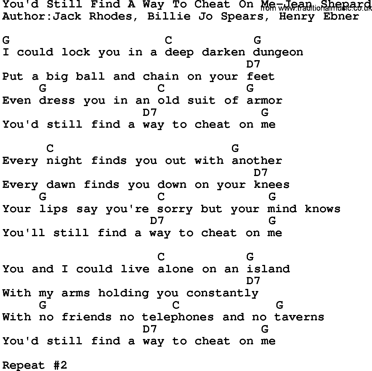 Country music song: You'd Still Find A Way To Cheat On Me-Jean Shepard lyrics and chords