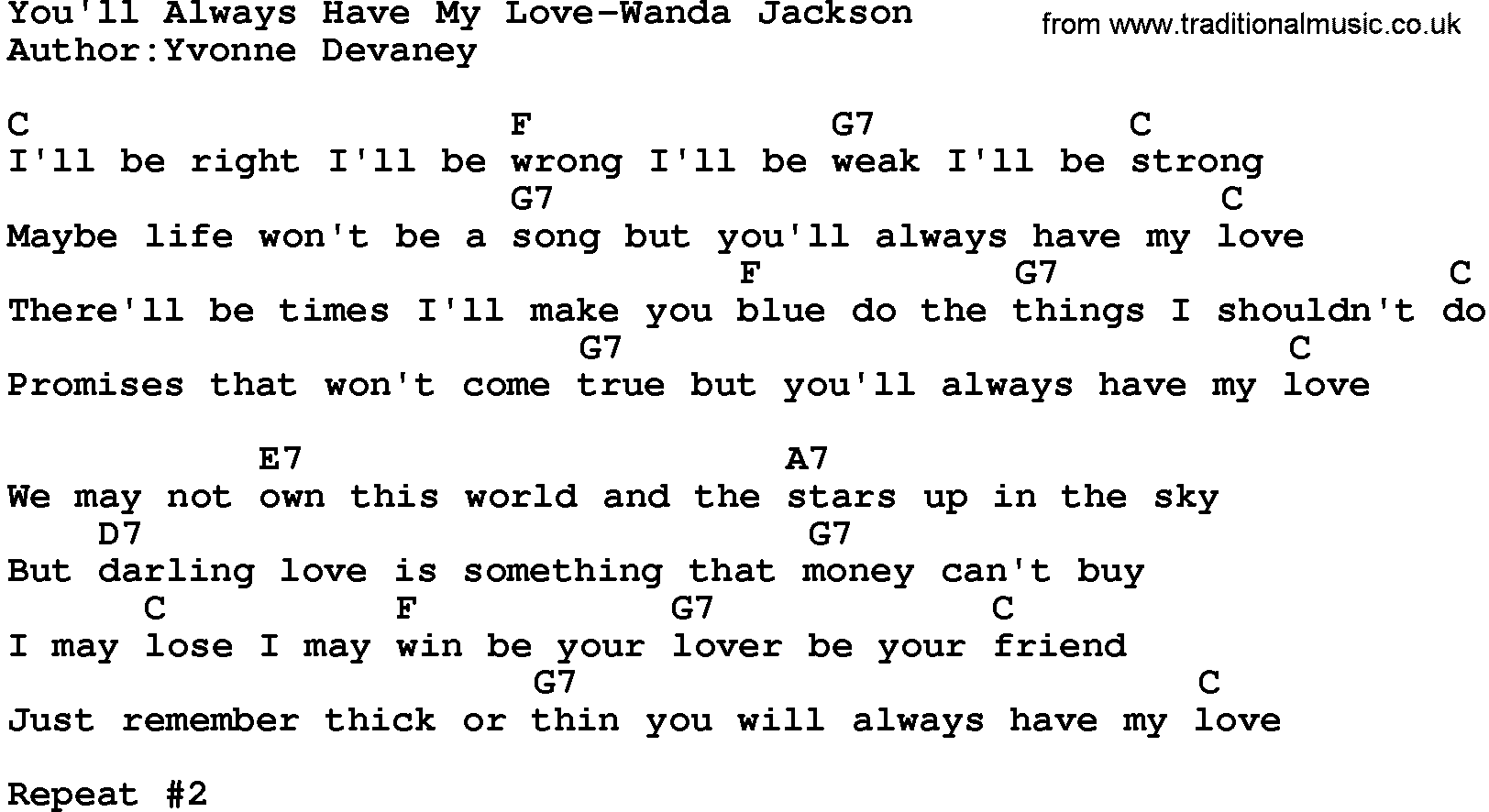 Country music song: You'll Always Have My Love-Wanda Jackson lyrics and chords
