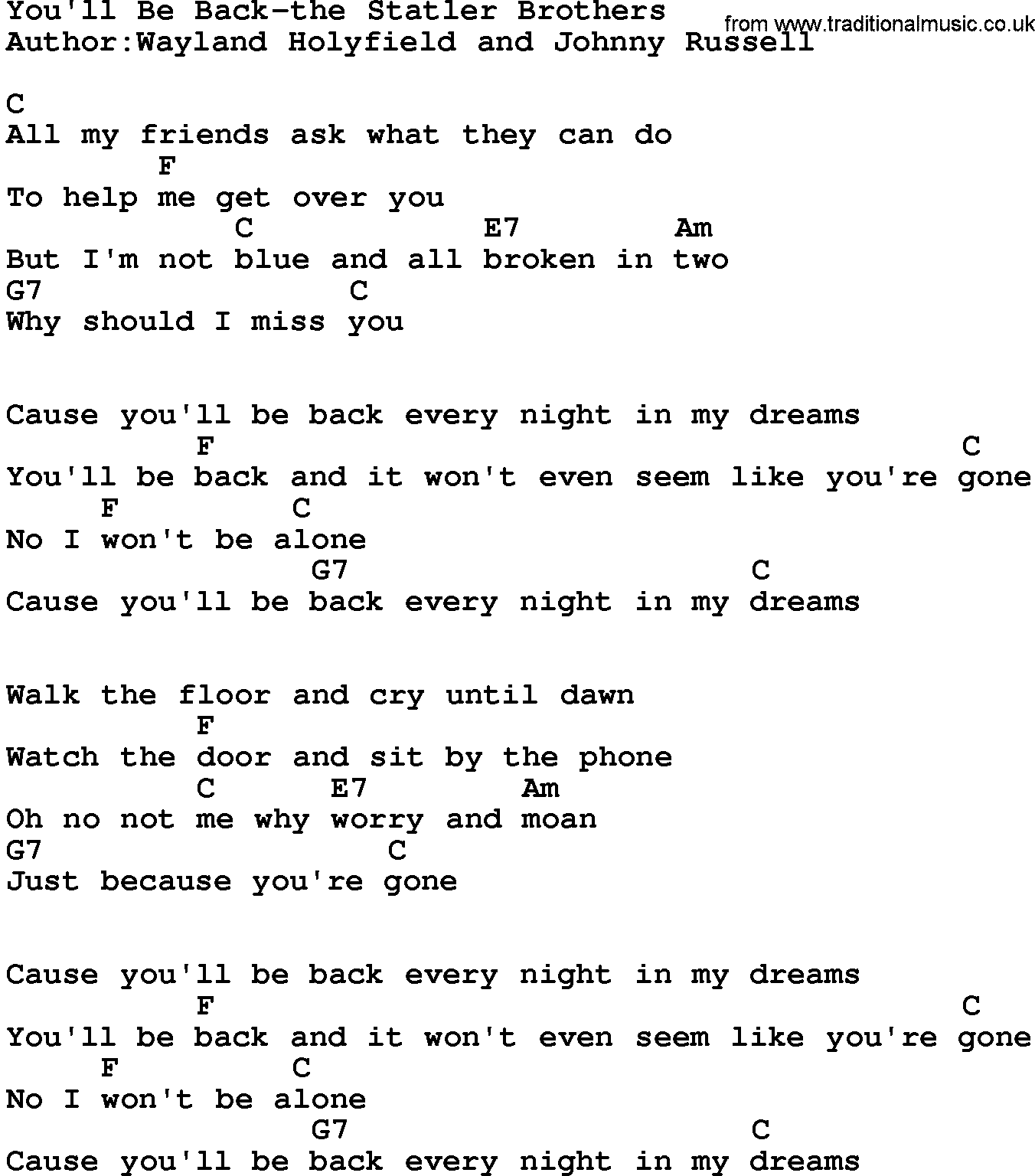 Country music song: You'll Be Back-The Statler Brothers lyrics and chords