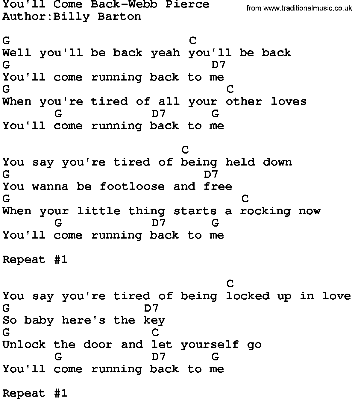 Country music song: You'll Come Back-Webb Pierce lyrics and chords