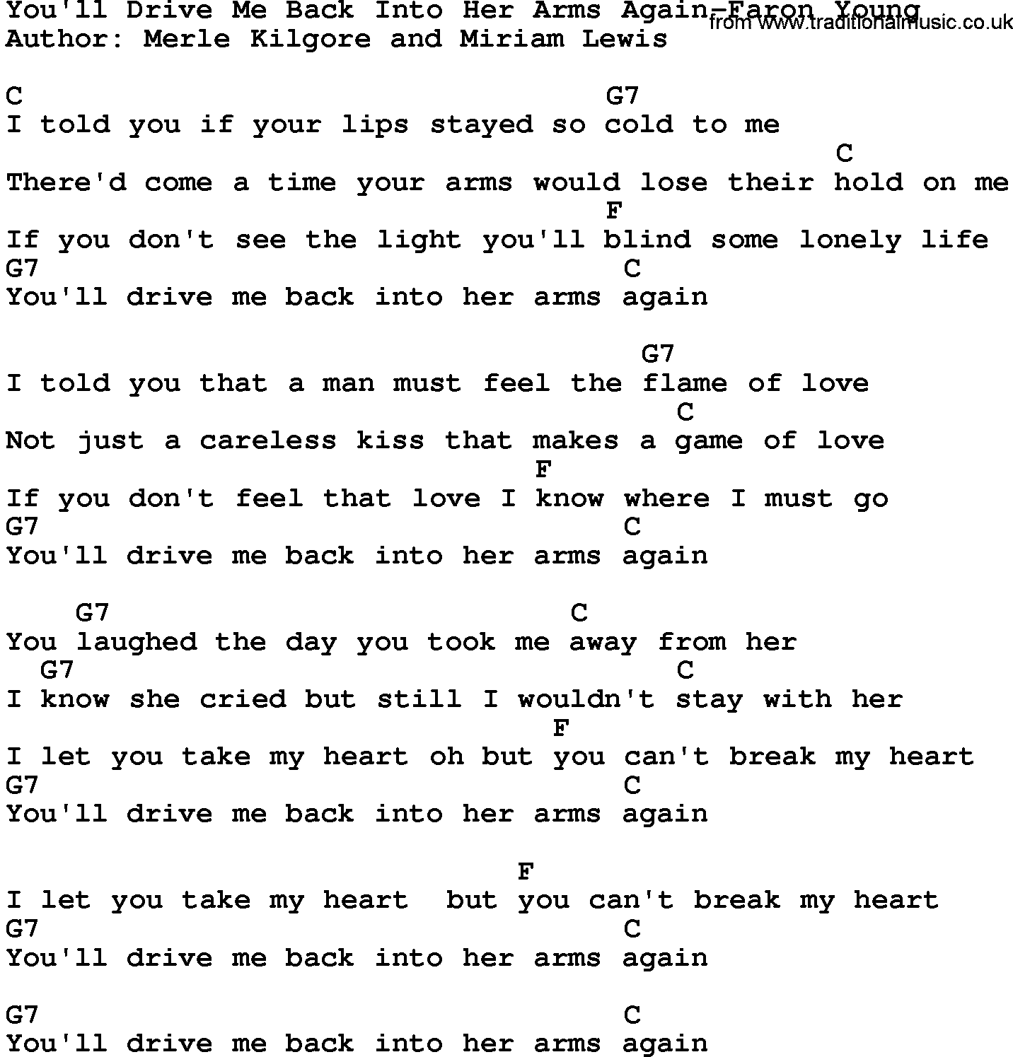 Country music song: You'll Drive Me Back Into Her Arms Again-Faron Young lyrics and chords