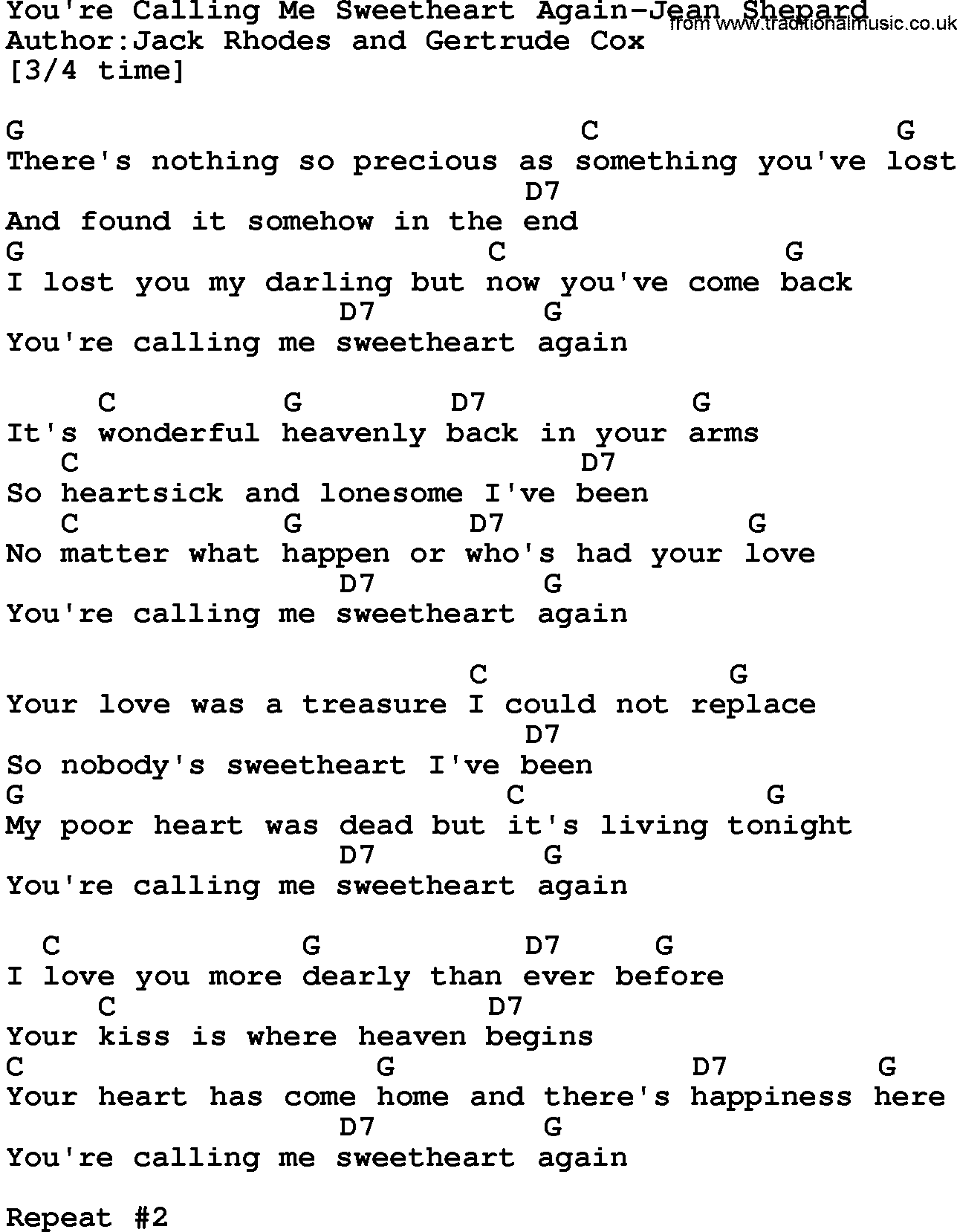 Country music song: You're Calling Me Sweetheart Again-Jean Shepard lyrics and chords