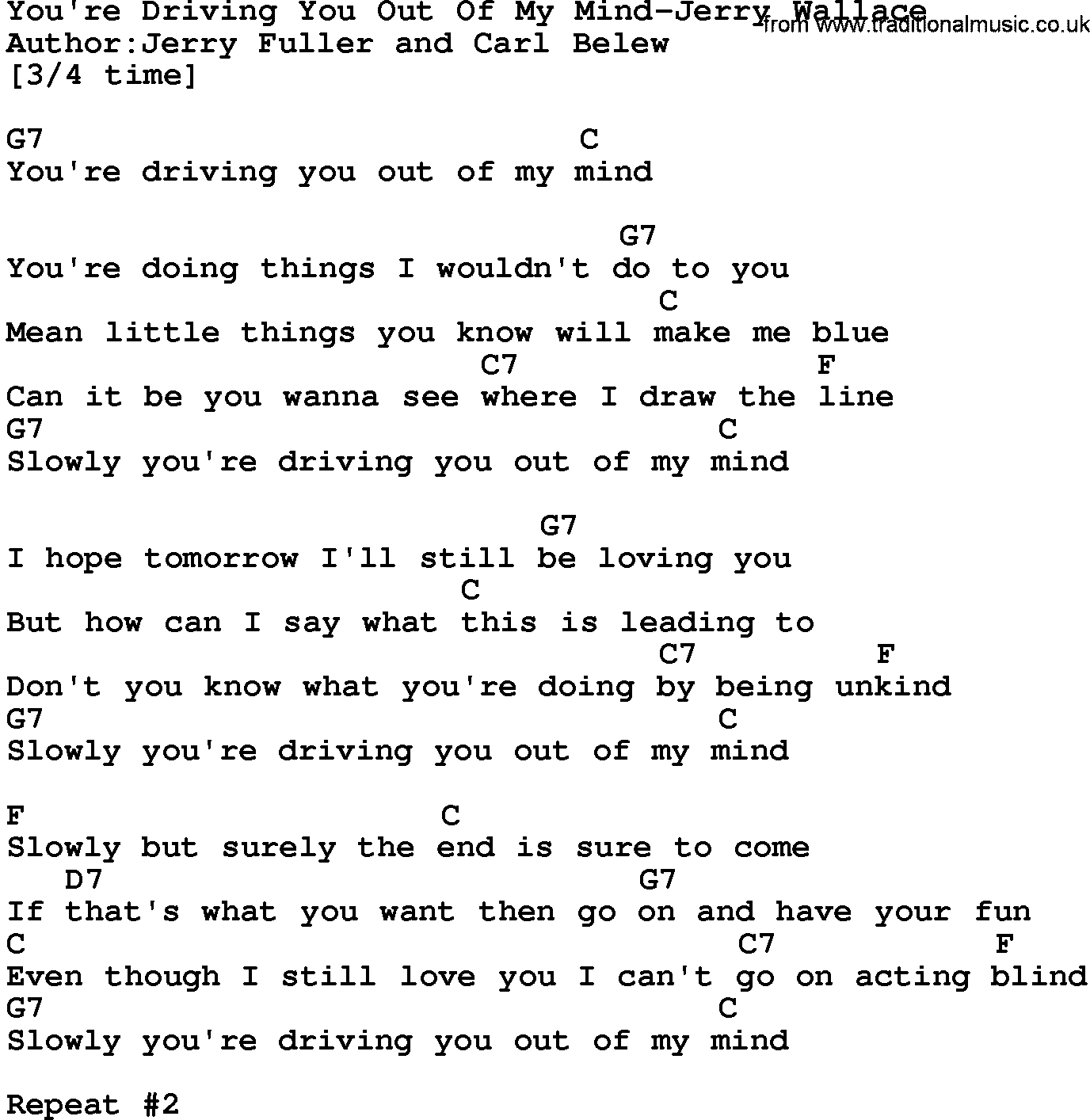 Country music song: You're Driving You Out Of My Mind-Jerry Wallace lyrics and chords