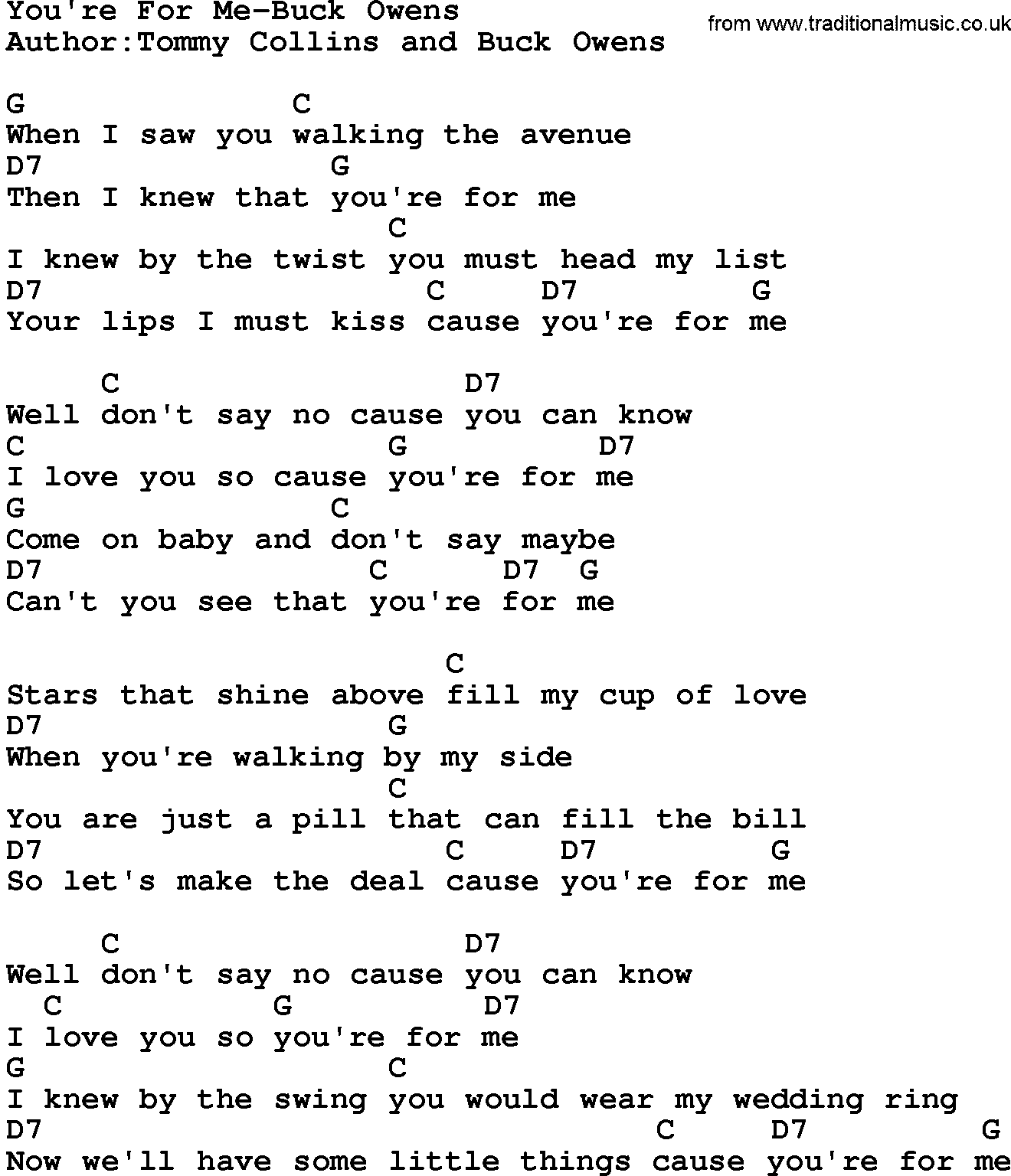 Country music song: You're For Me-Buck Owens lyrics and chords