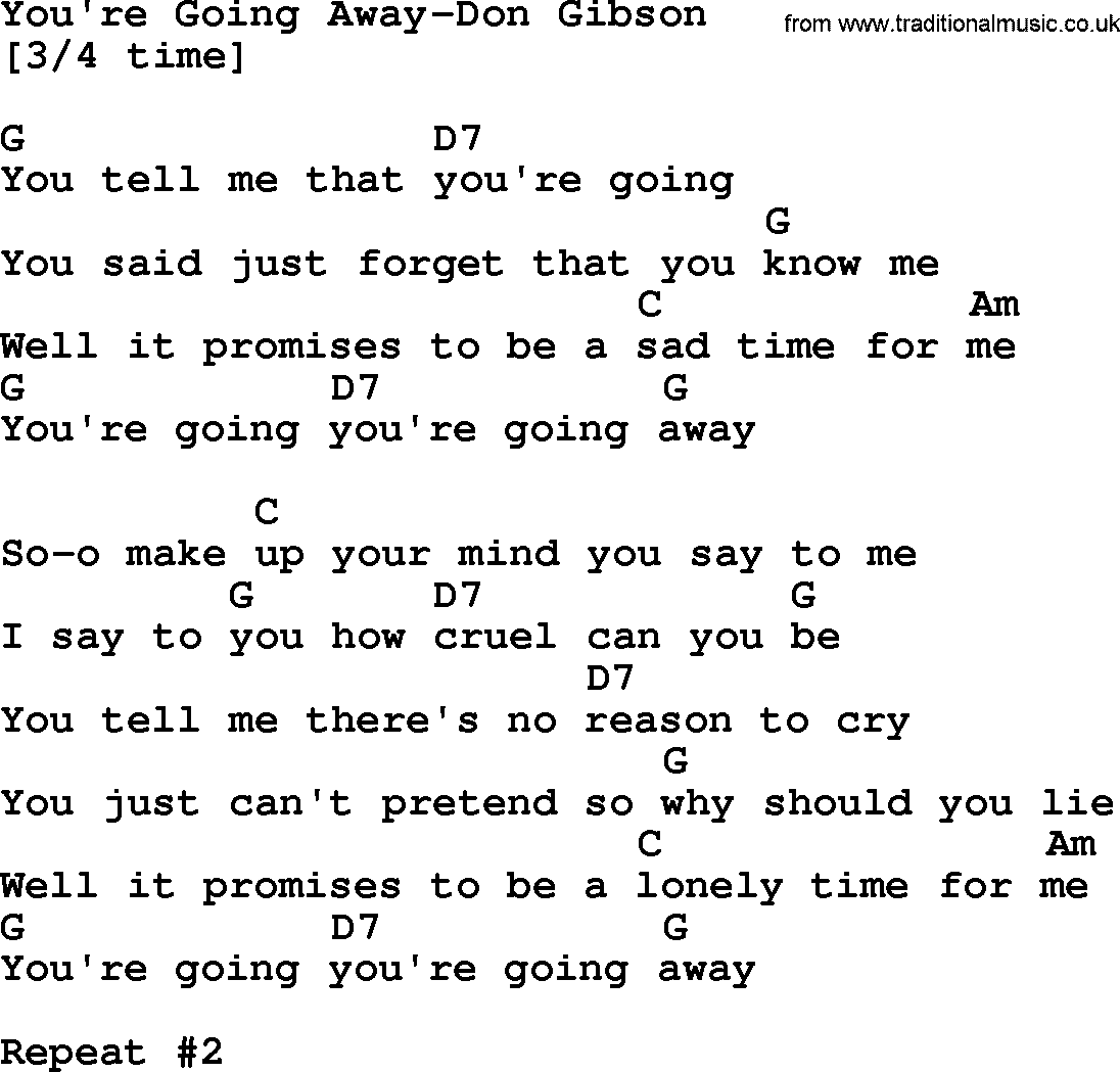 Country music song: You're Going Away-Don Gibson lyrics and chords