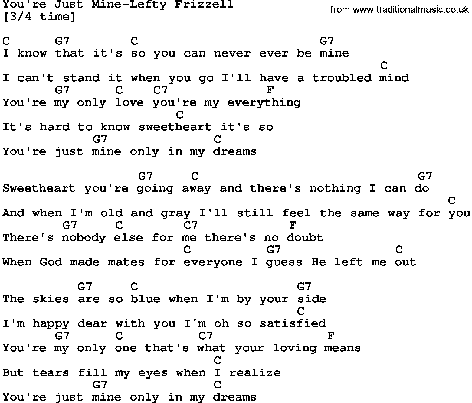 Country music song: You're Just Mine-Lefty Frizzell lyrics and chords