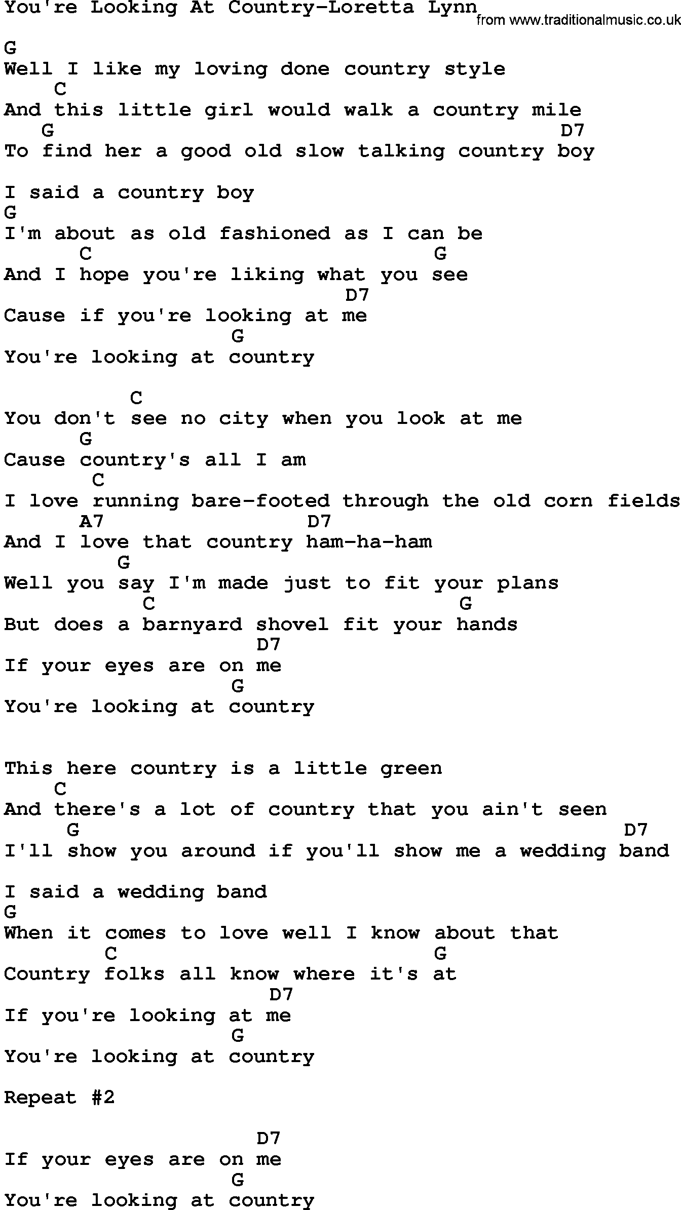 Country music song: You're Looking At Country-Loretta Lynn lyrics and chords