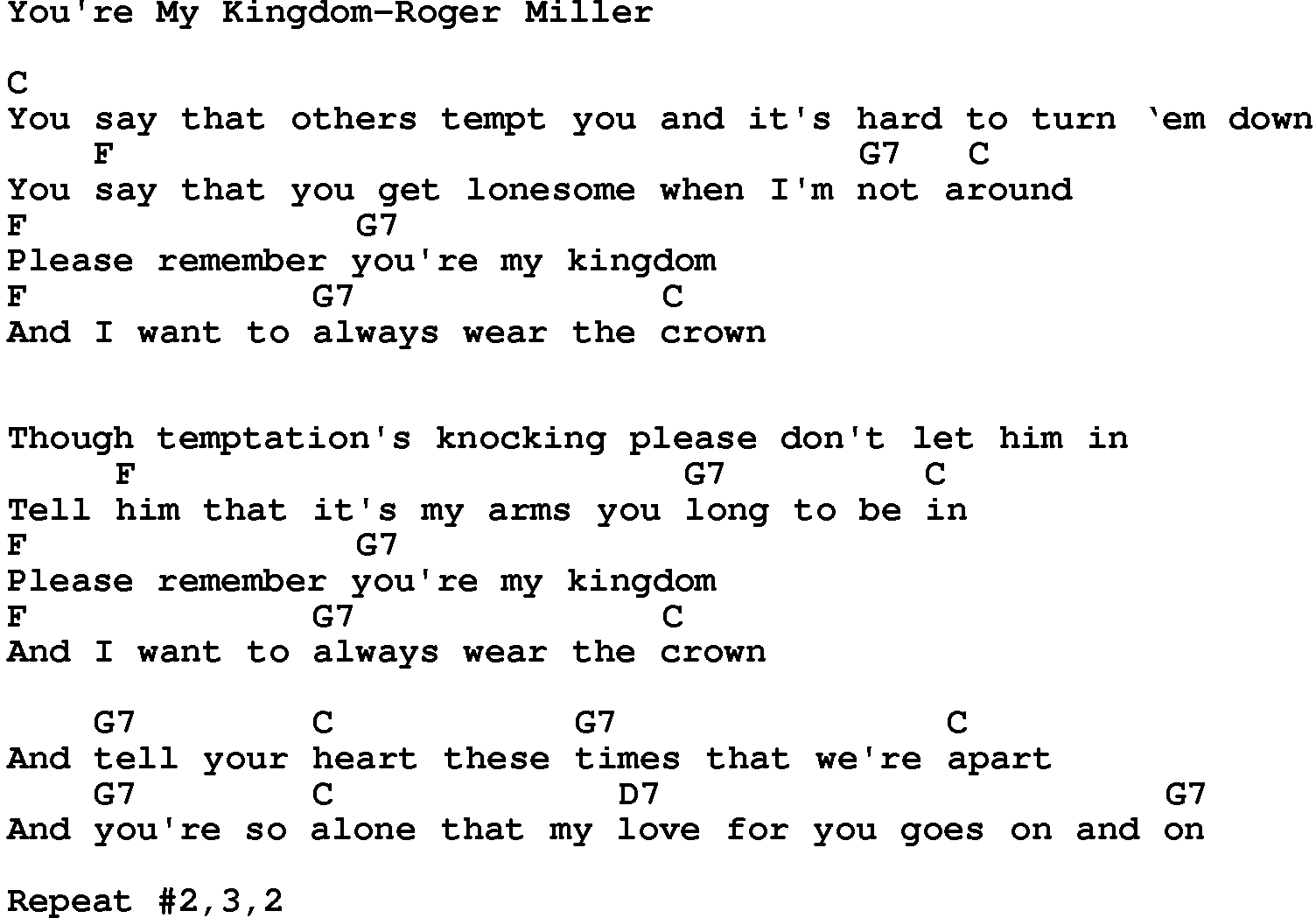 Country music song: You're My Kingdom-Roger Miller lyrics and chords