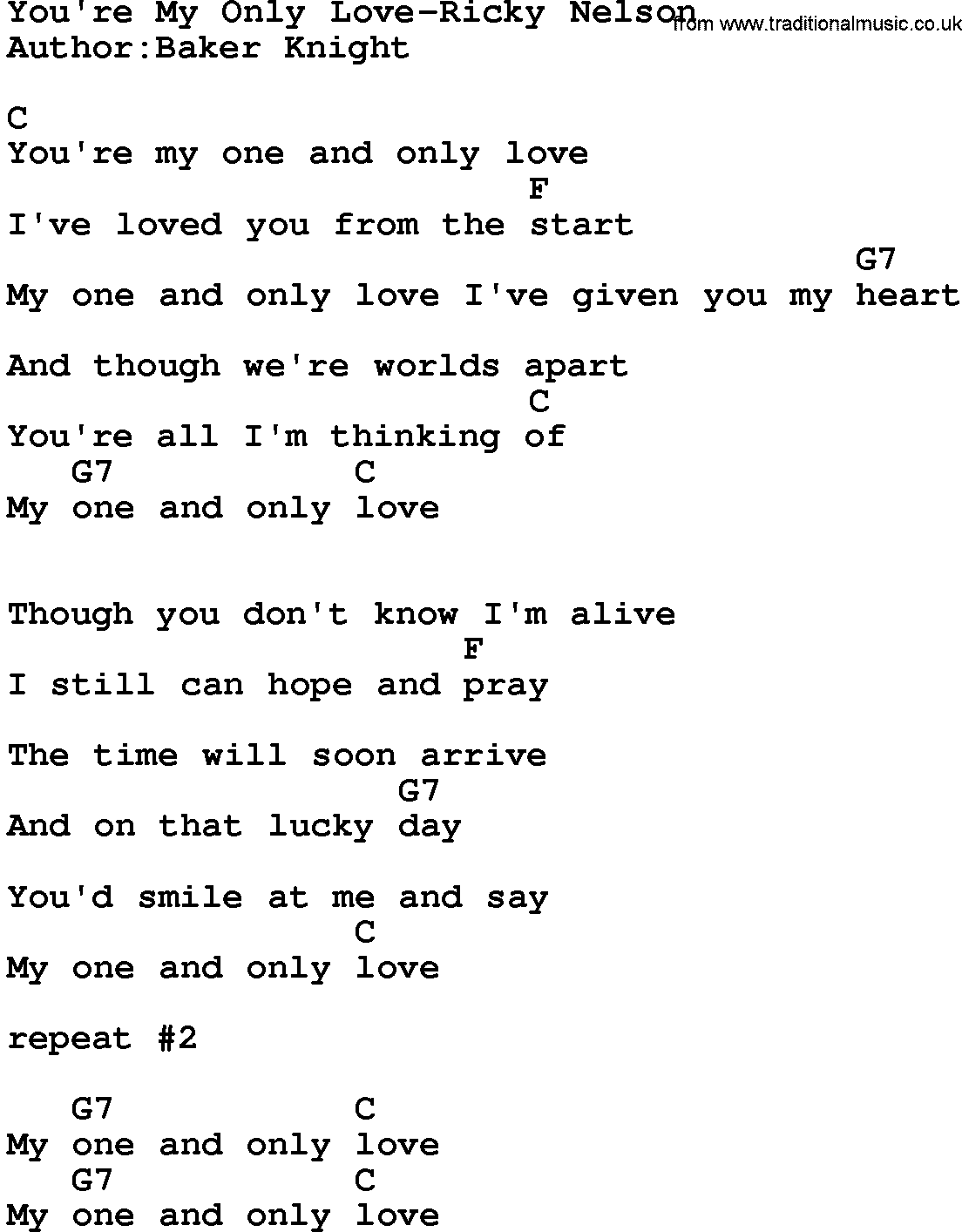 Country music song: You're My Only Love-Ricky Nelson lyrics and chords