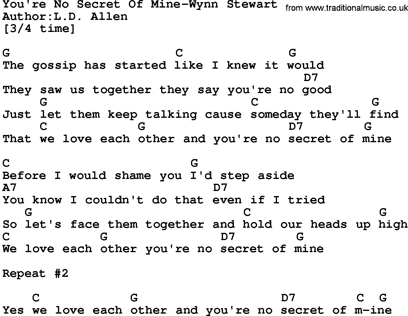 Country music song: You're No Secret Of Mine-Wynn Stewart lyrics and chords