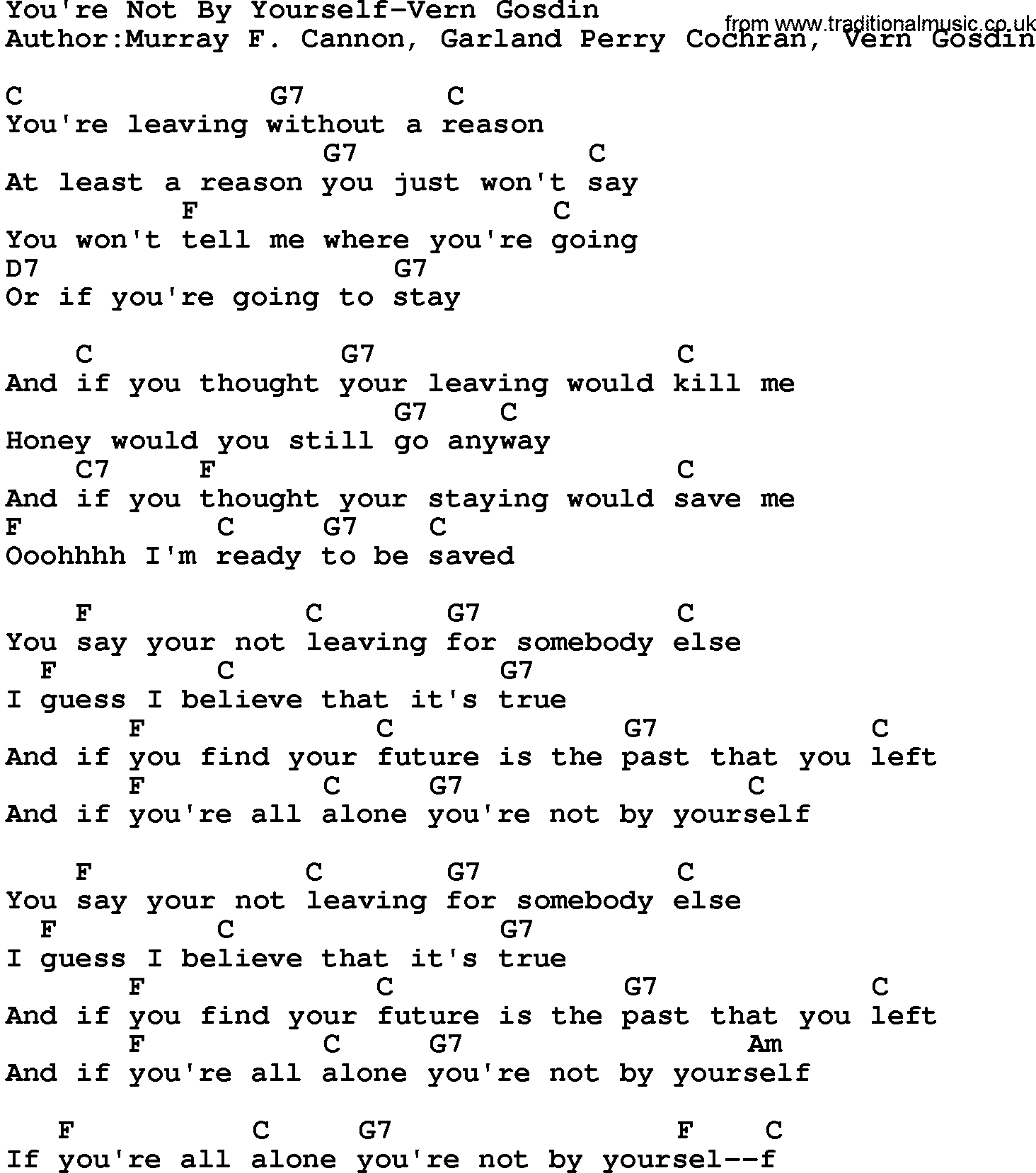 Country music song: You're Not By Yourself-Vern Gosdin lyrics and chords