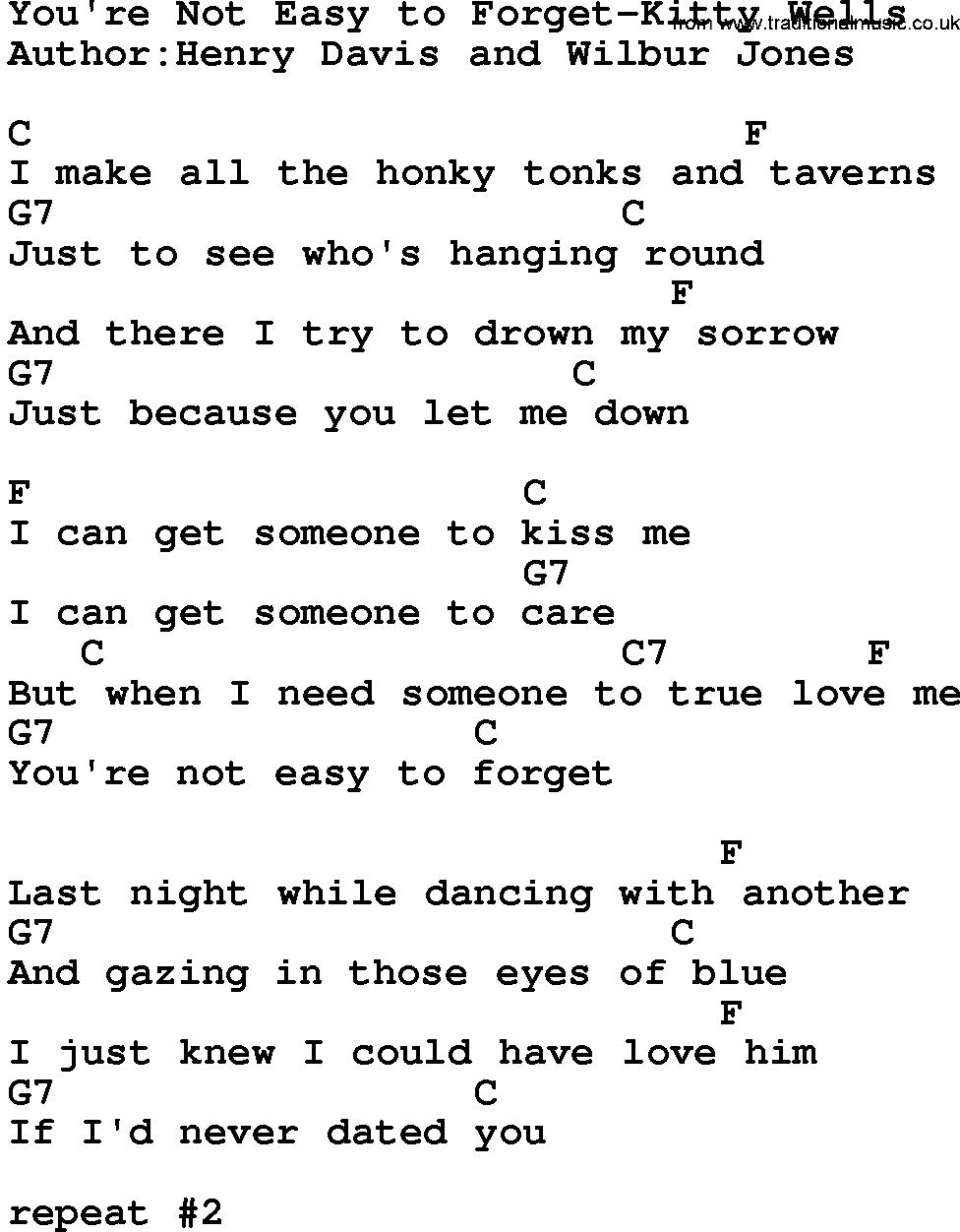 Country music song: You're Not Easy To Forget-Kitty Wells lyrics and chords