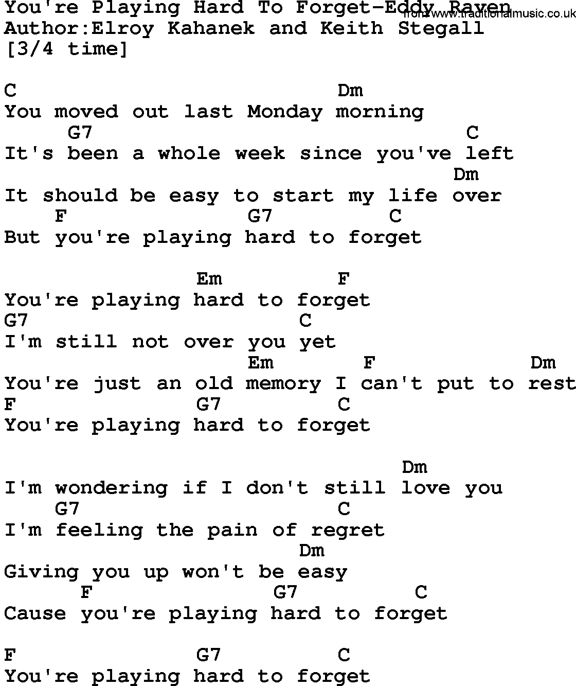 Country music song: You're Playing Hard To Forget-Eddy Raven lyrics and chords