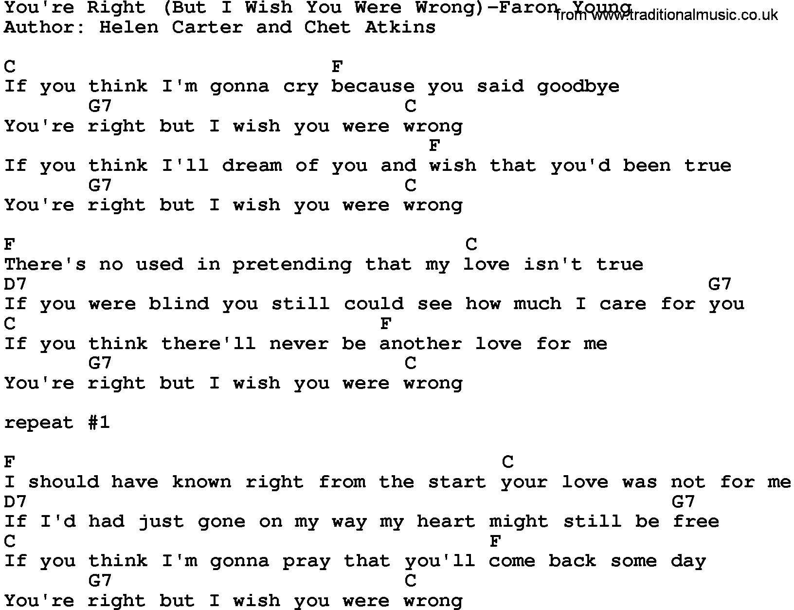 Country music song: You're Right(But I Wish You Were Wrong)-Faron Young lyrics and chords