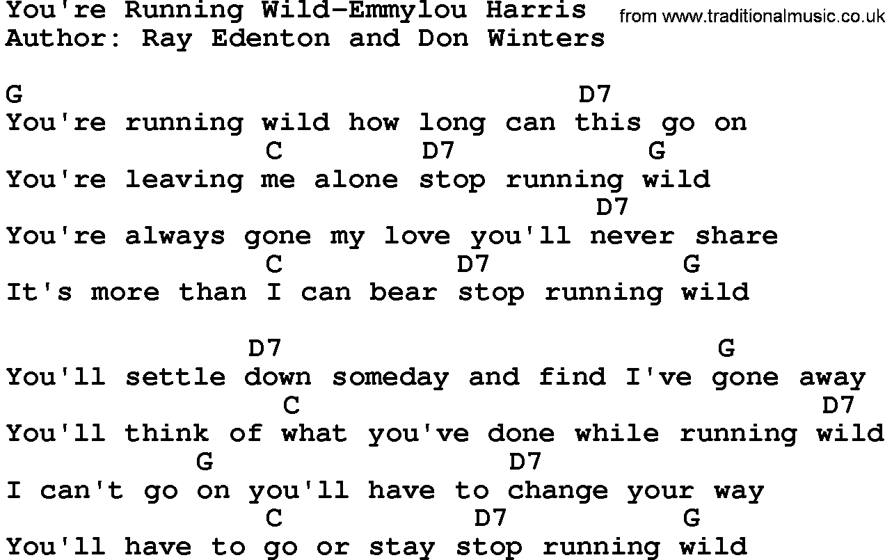 Country music song: You're Running Wild-Emmylou Harris lyrics and chords