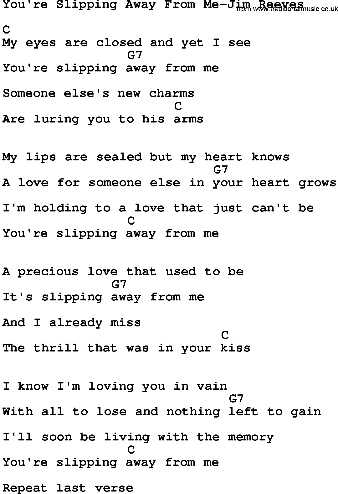 Country music song: You're Slipping Away From Me-Jim Reeves lyrics and chords