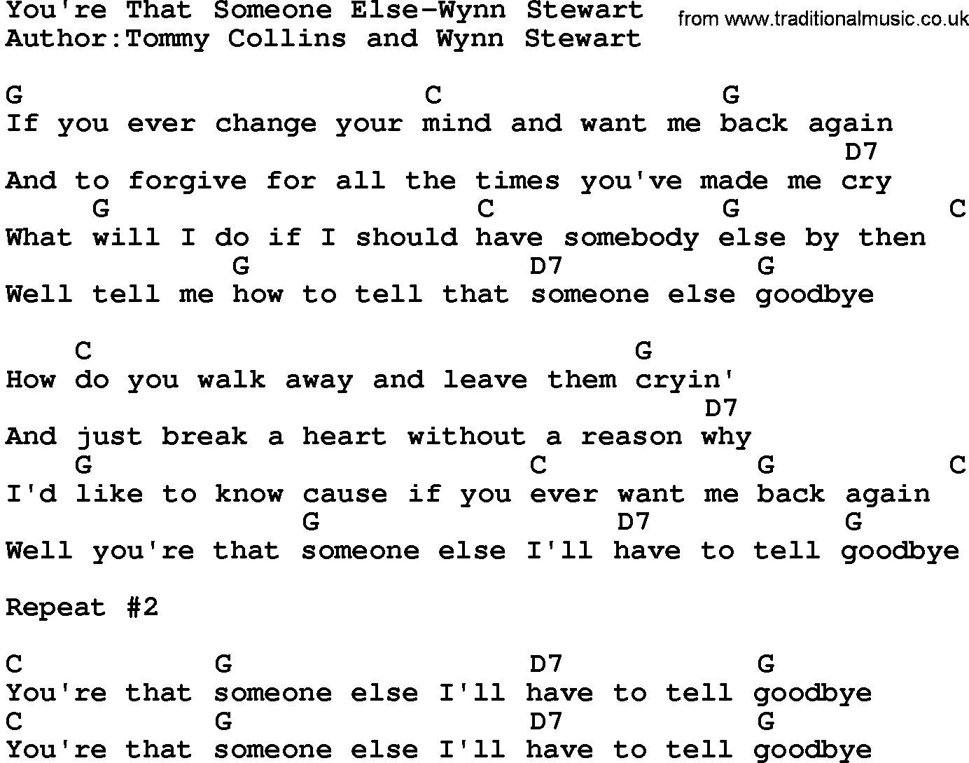 Country music song: You're That Someone Else-Wynn Stewart lyrics and chords
