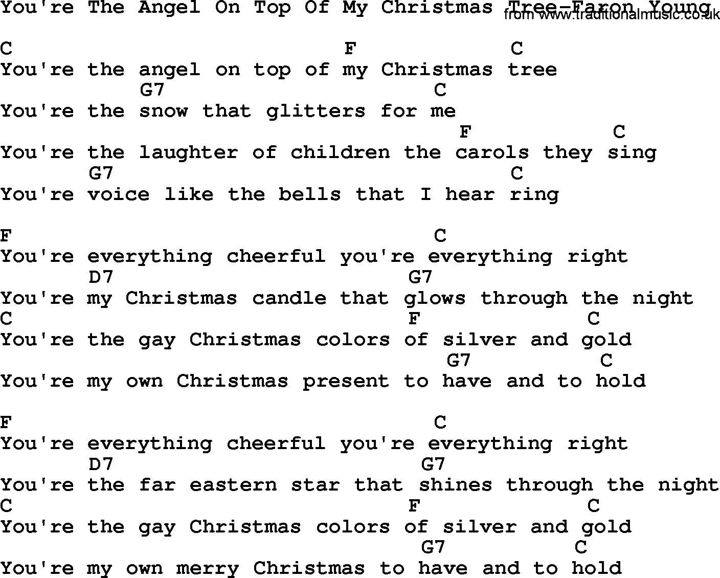 Country music song: You're The Angel On Top Of My Christmas Tree-Faron Young lyrics and chords
