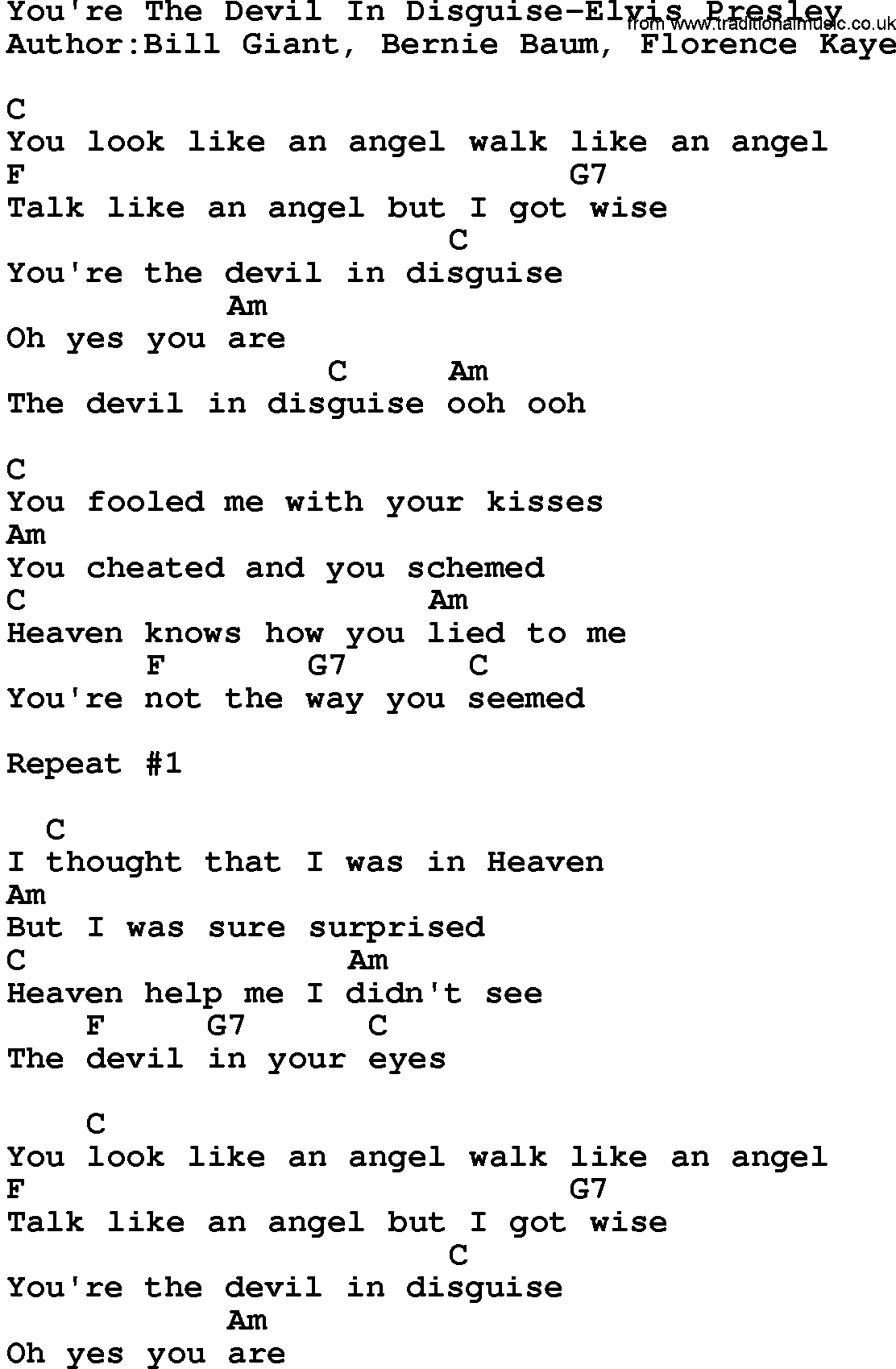 Country music song: You're The Devil In Disguise-Elvis Presley lyrics and chords