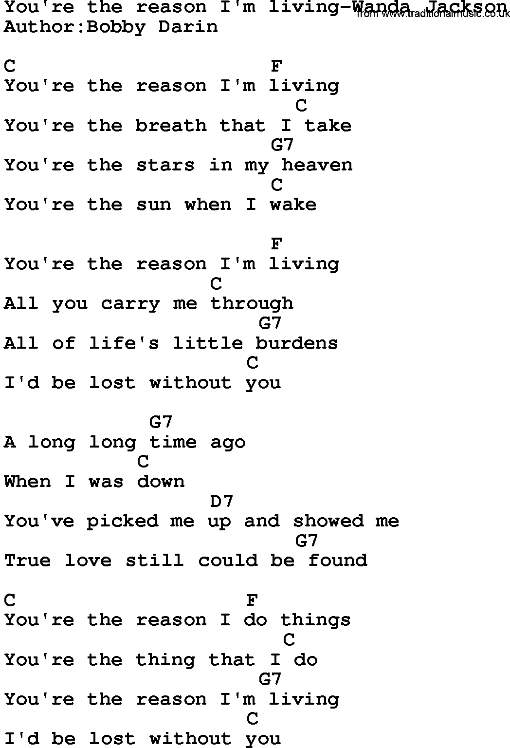 Country music song: You're The Reason I'm Living-Wanda Jackson lyrics and chords