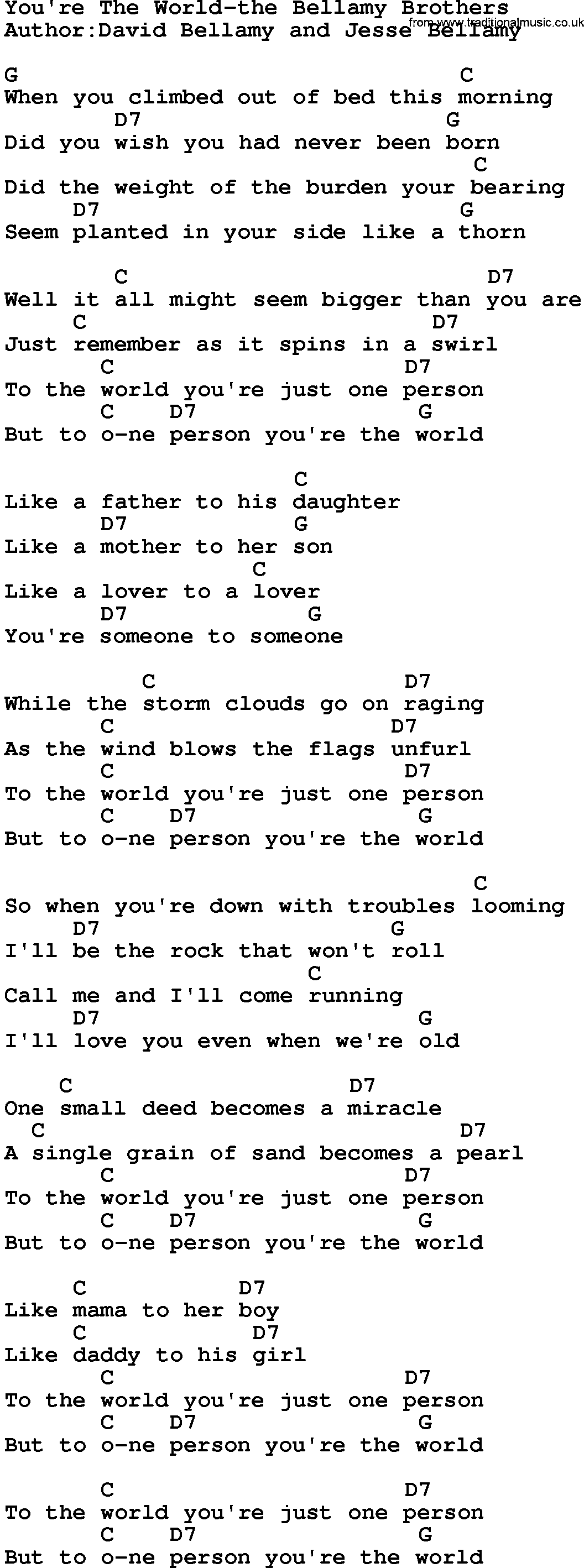 Country music song: You're The World-The Bellamy Brothers lyrics and chords