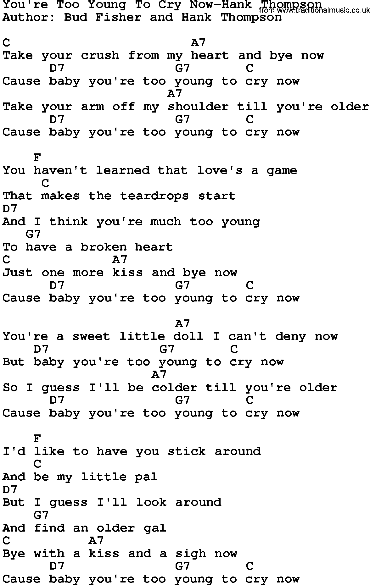 Country music song: You're Too Young To Cry Now-Hank Thompson lyrics and chords