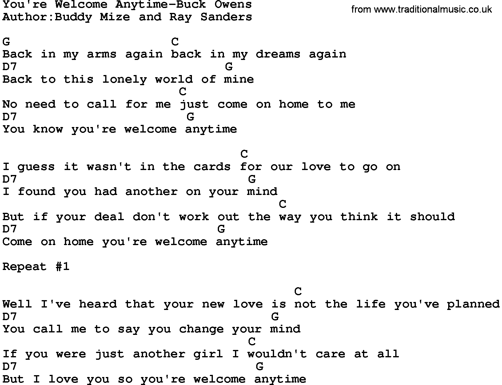 Country music song: You're Welcome Anytime-Buck Owens lyrics and chords