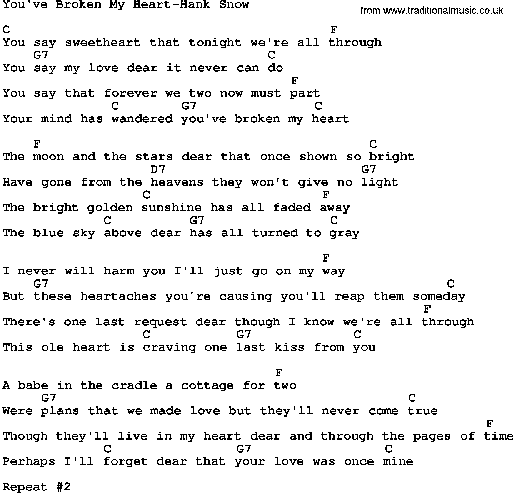 Country music song: You've Broken My Heart-Hank Snow lyrics and chords