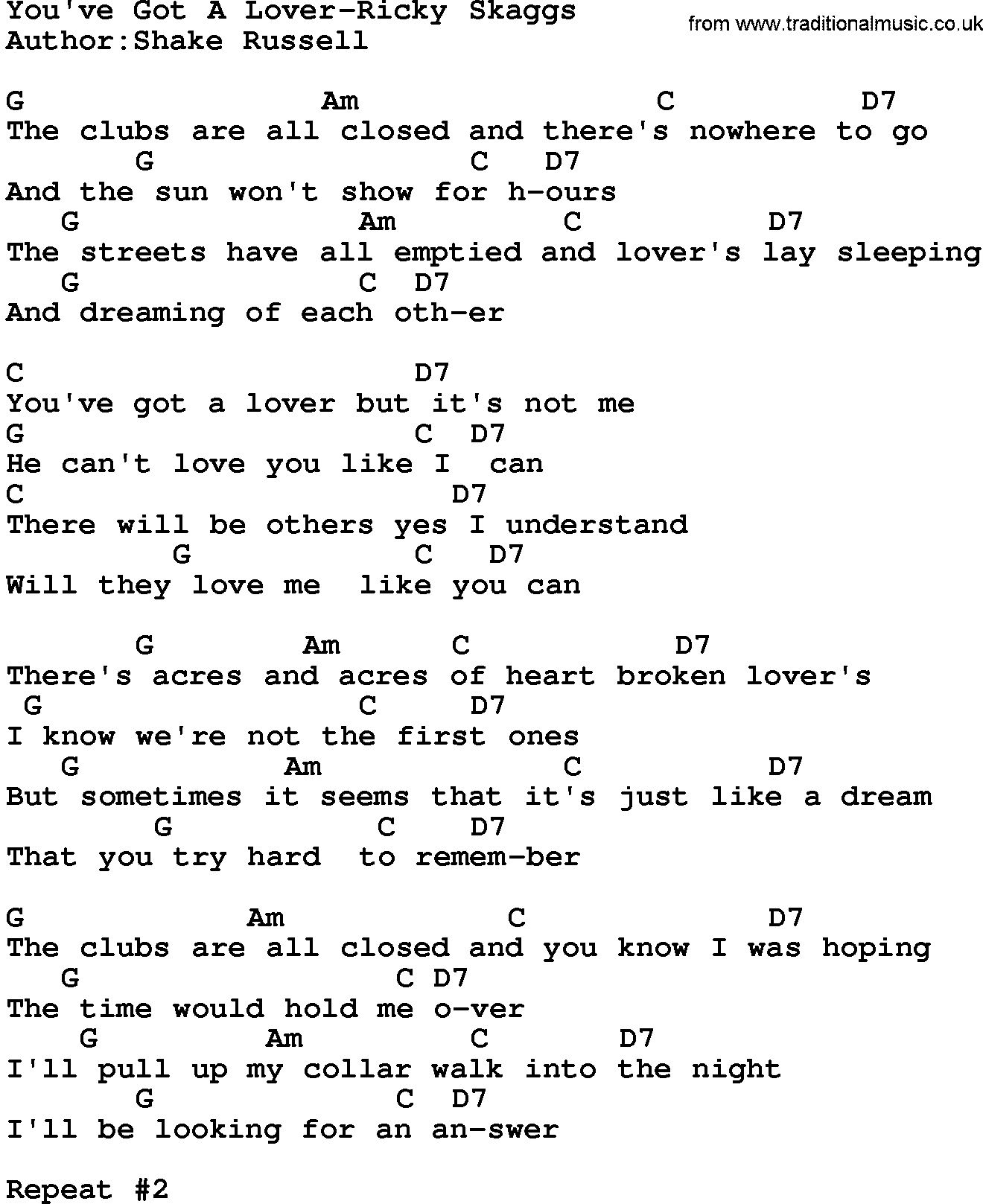 Country music song: You've Got A Lover-Ricky Skaggs lyrics and chords