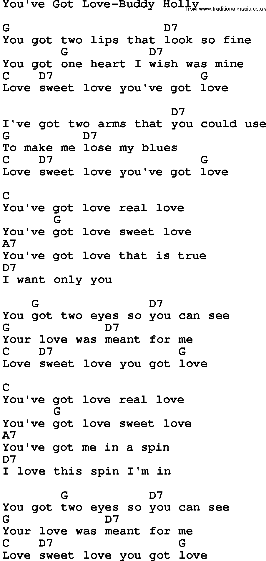 Country music song: You've Got Love-Buddy Holly lyrics and chords