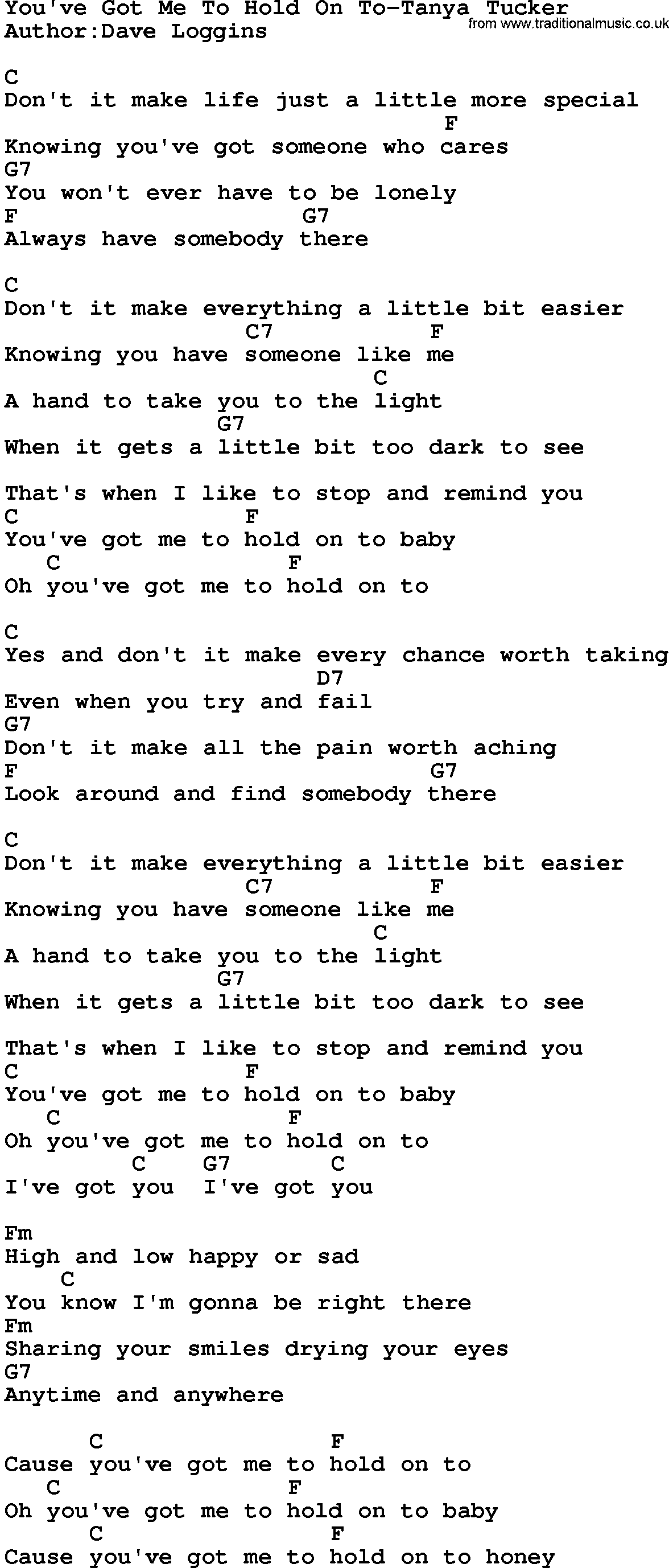 Country music song: You've Got Me To Hold On To-Tanya Tucker lyrics and chords