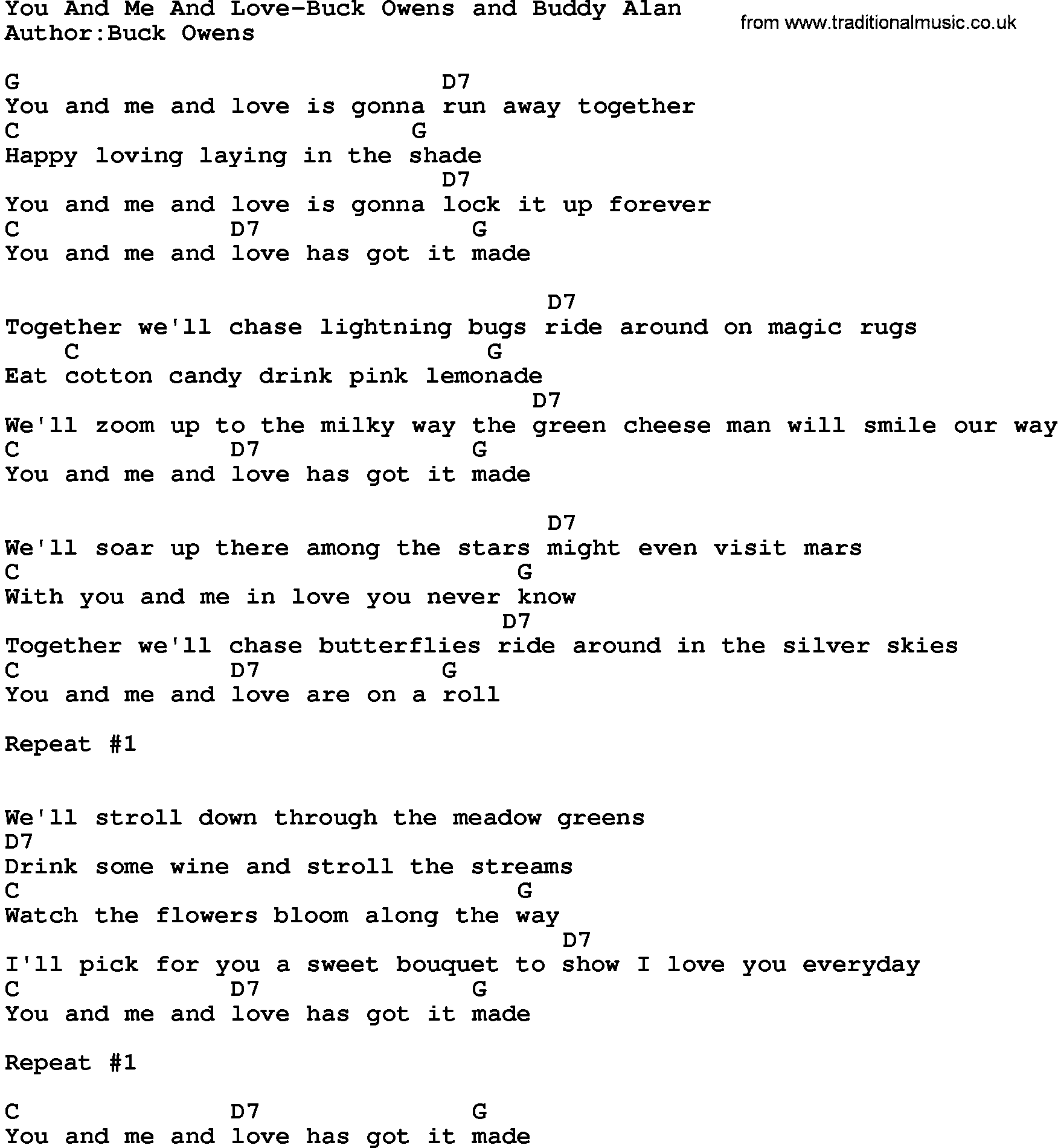 Country music song: You And Me And Love-Buck Owens And Buddy Alan lyrics and chords