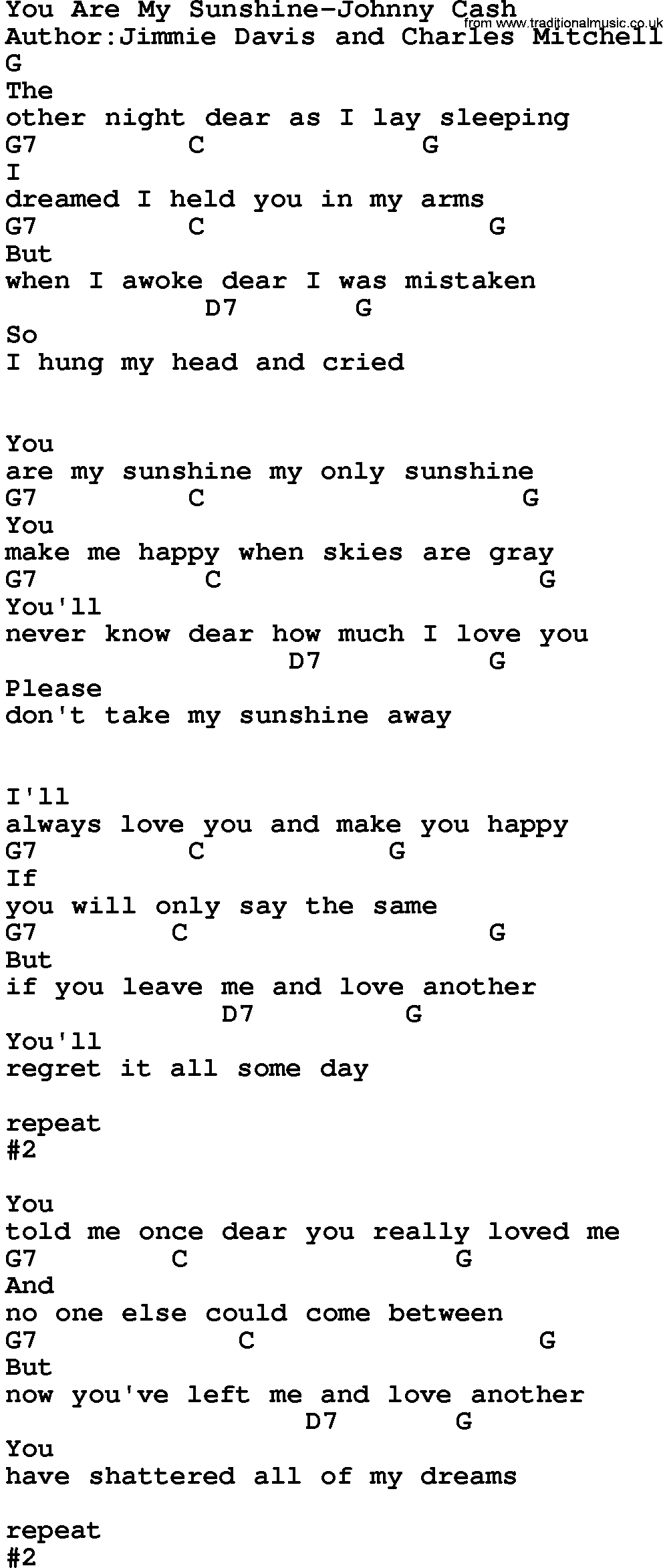 Country music song: You Are My Sunshine-Johnny Cash lyrics and chords
