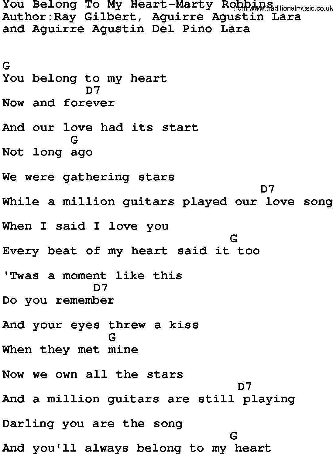 Country music song: You Belong To My Heart-Marty Robbins lyrics and chords