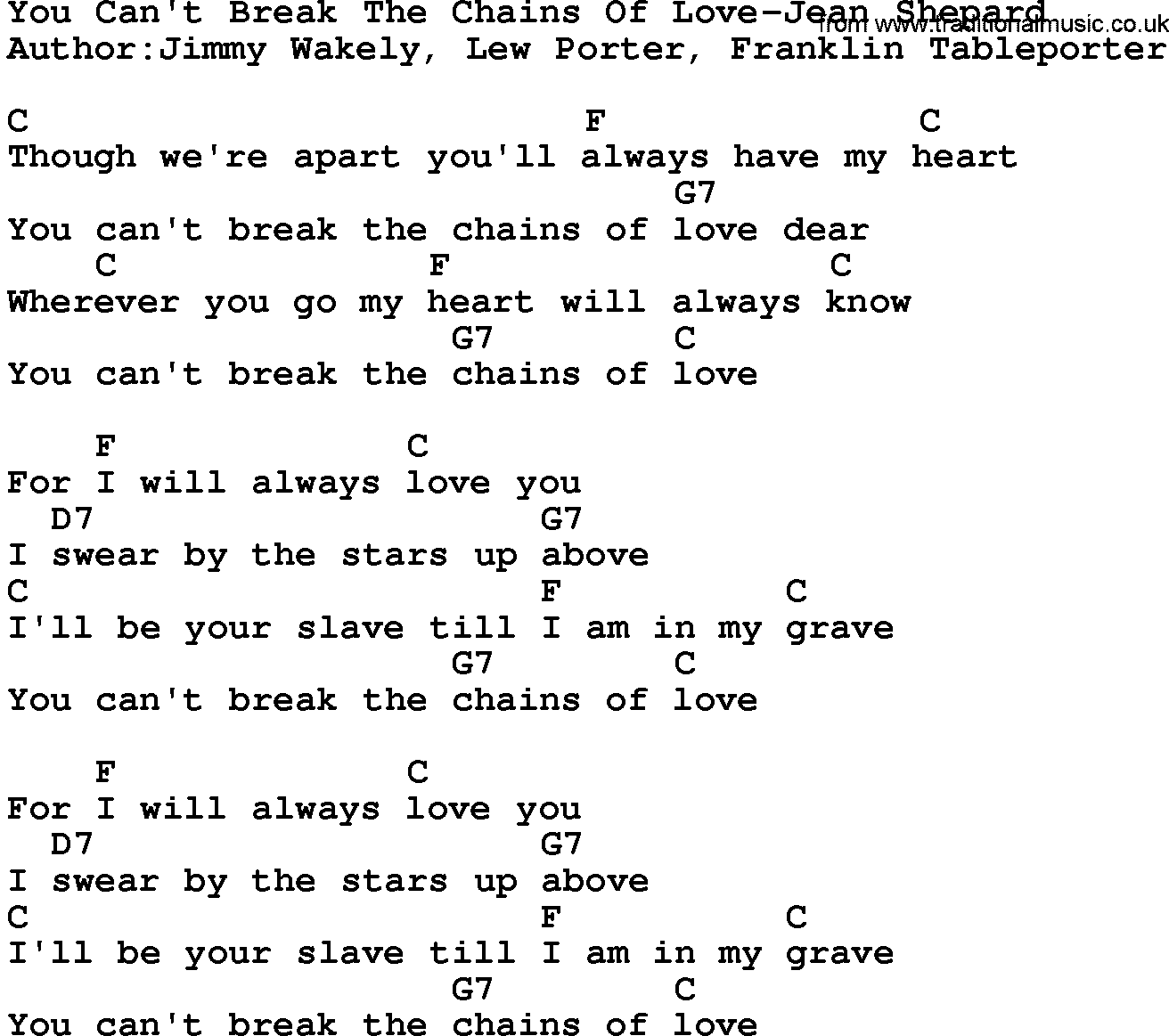 Country music song: You Can't Break The Chains Of Love-Jean Shepard lyrics and chords