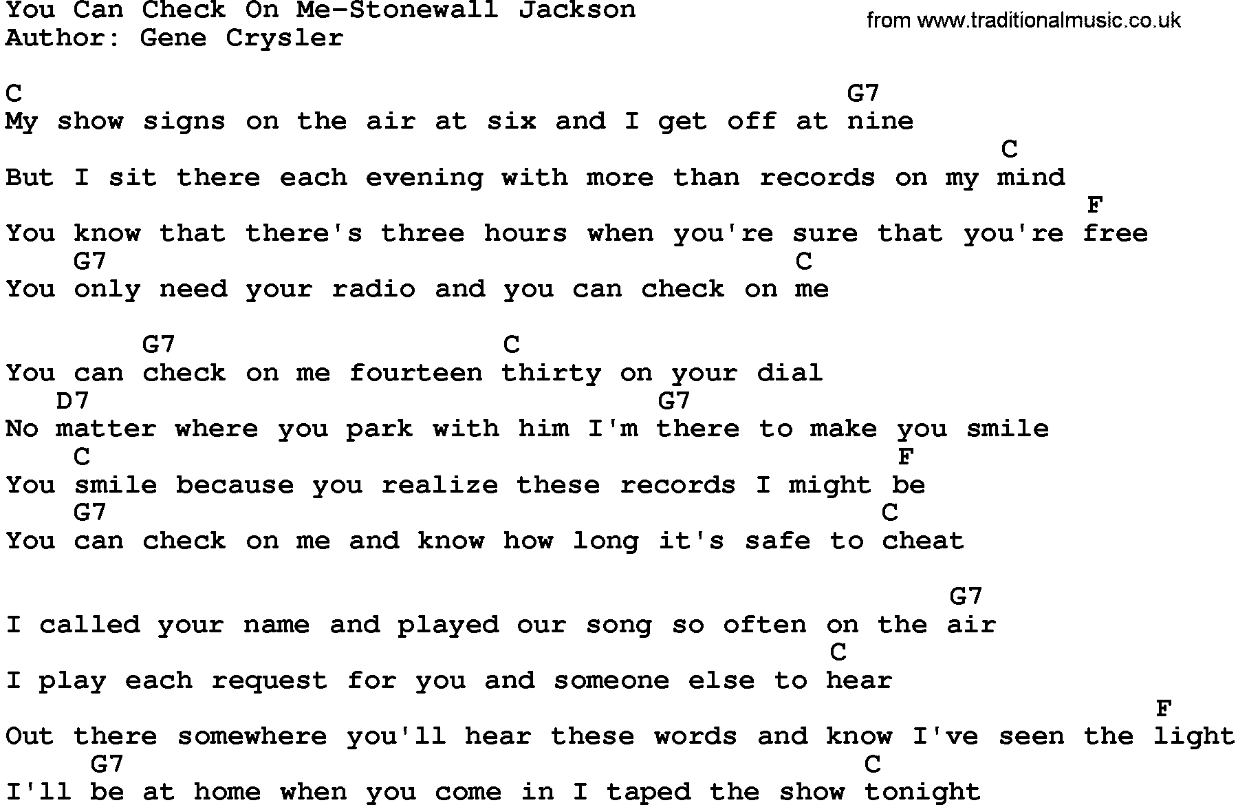 Country music song: You Can Check On Me-Stonewall Jackson lyrics and chords