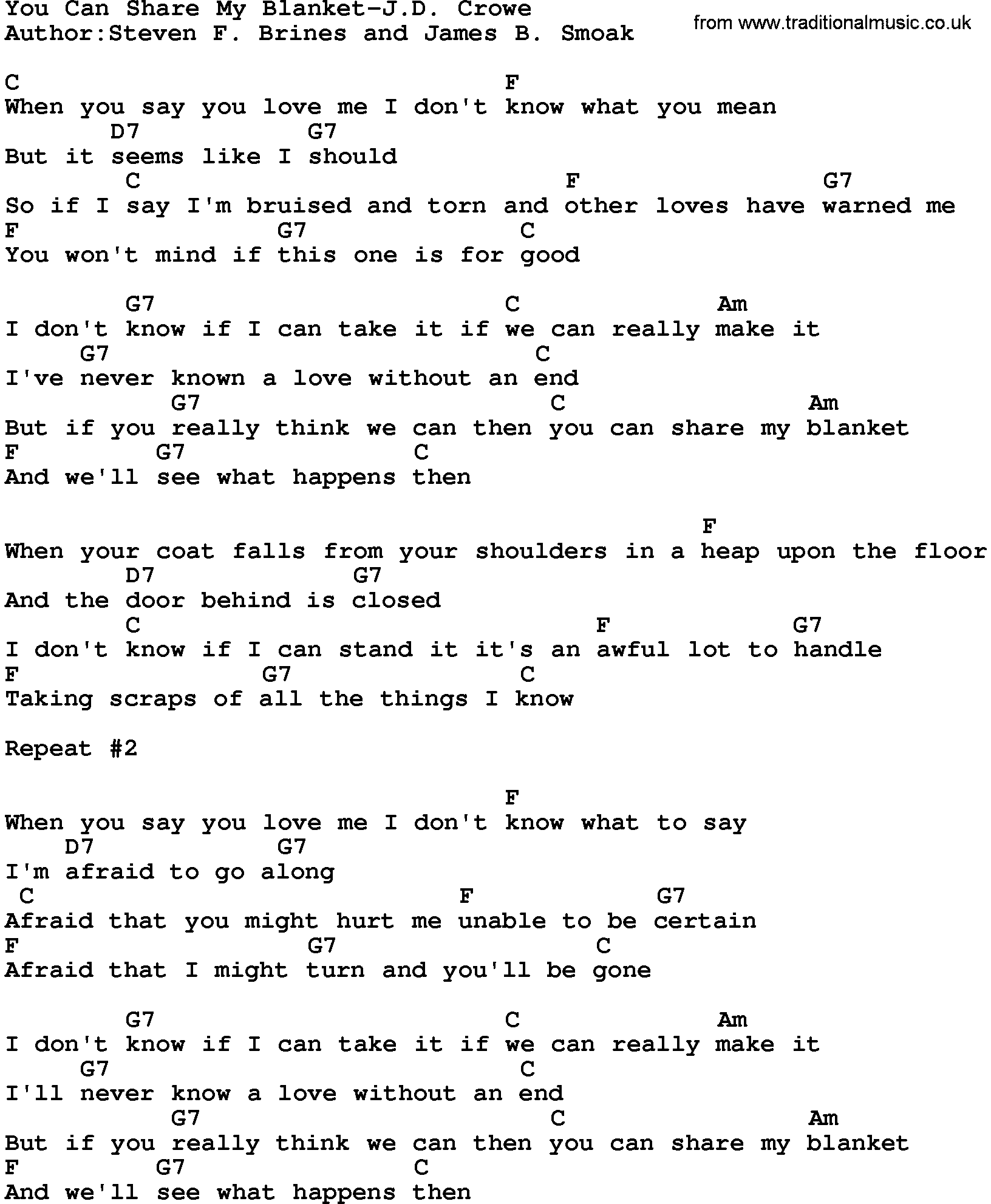 Country music song: You Can Share My Blanket-Jd Crowe lyrics and chords