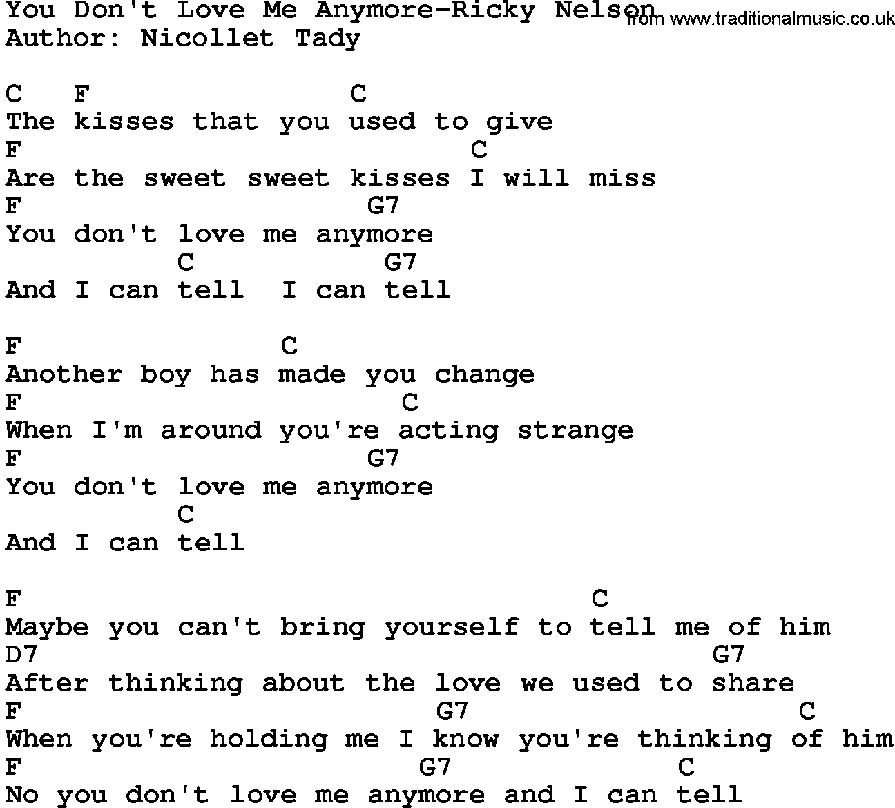 Country music song: You Don't Love Me Anymore-Ricky Nelson lyrics and chords