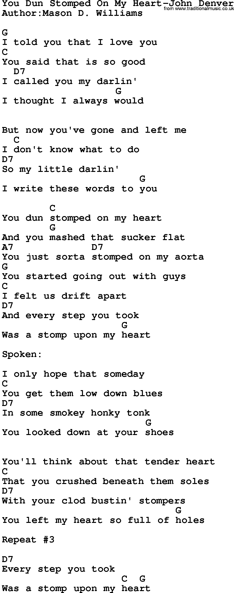 Country music song: You Dun Stomped On My Heart-John Denver lyrics and chords