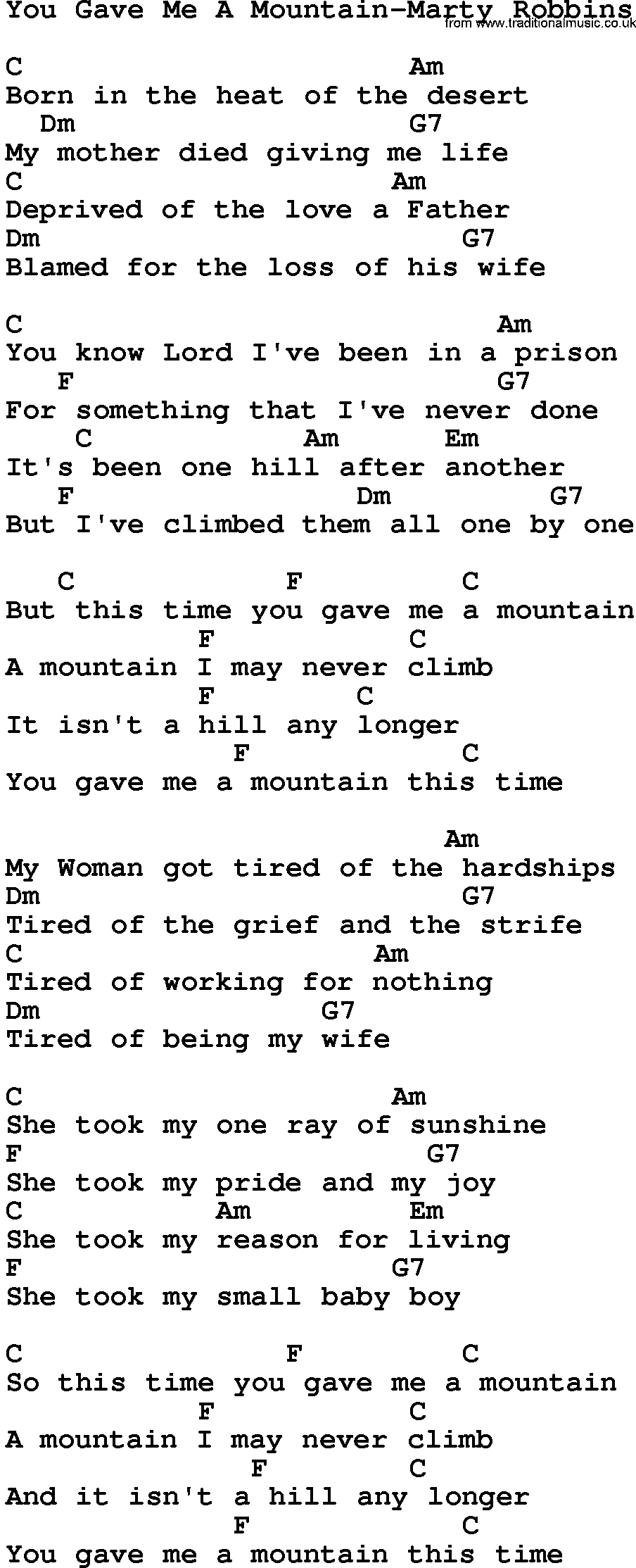 Country music song: You Gave Me A Mountain-Marty Robbins lyrics and chords