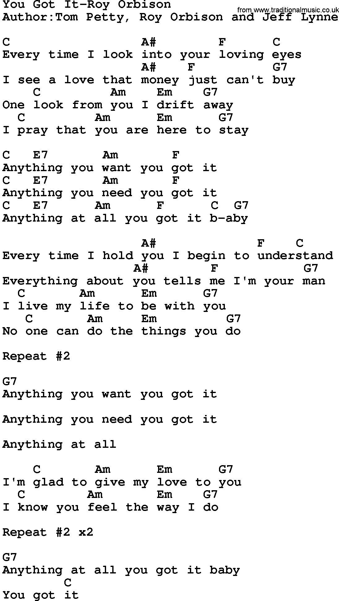 Country music song: You Got It-Roy Orbison lyrics and chords