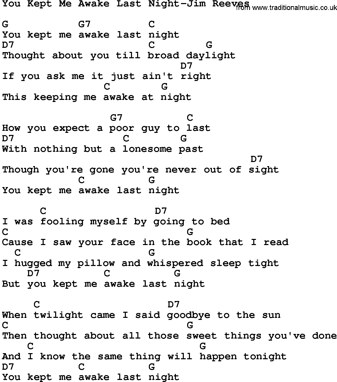 Country music song: You Kept Me Awake Last Night-Jim Reeves lyrics and chords
