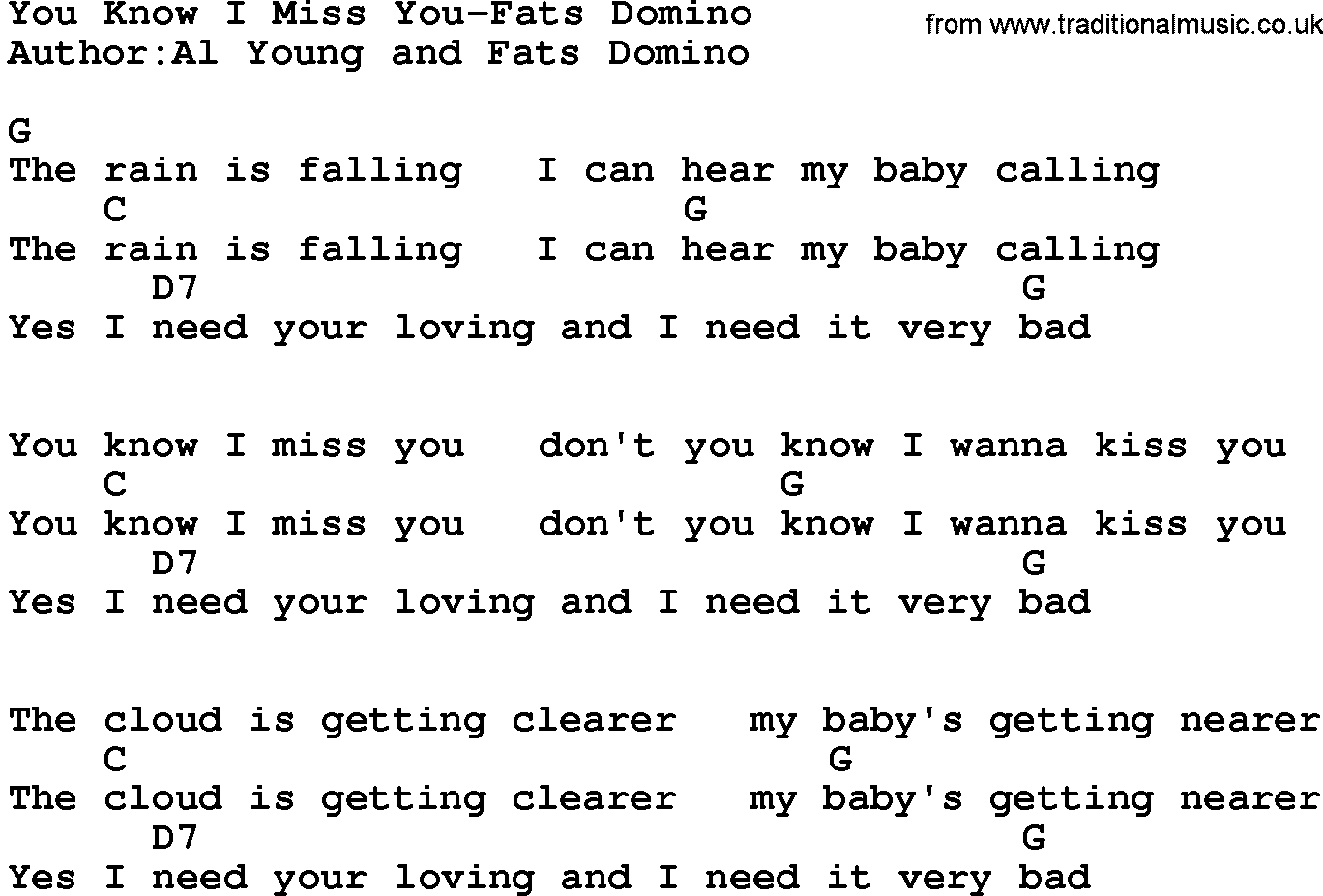 Country music song: You Know I Miss You-Fats Domino lyrics and chords