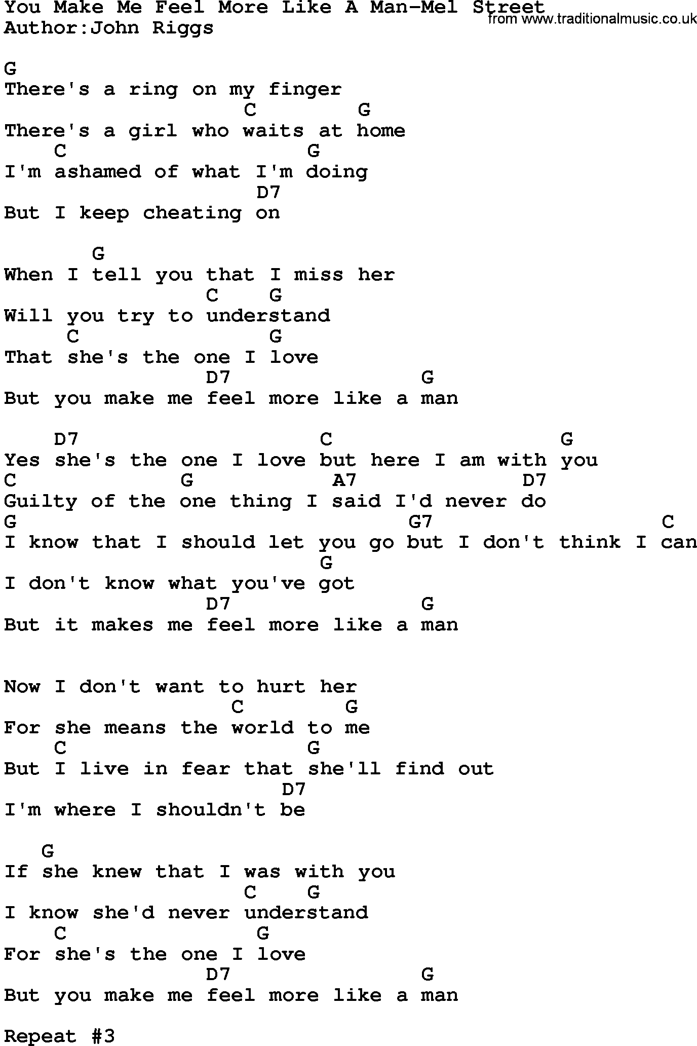 Country music song: You Make Me Feel More Like A Man-Mel Street lyrics and chords
