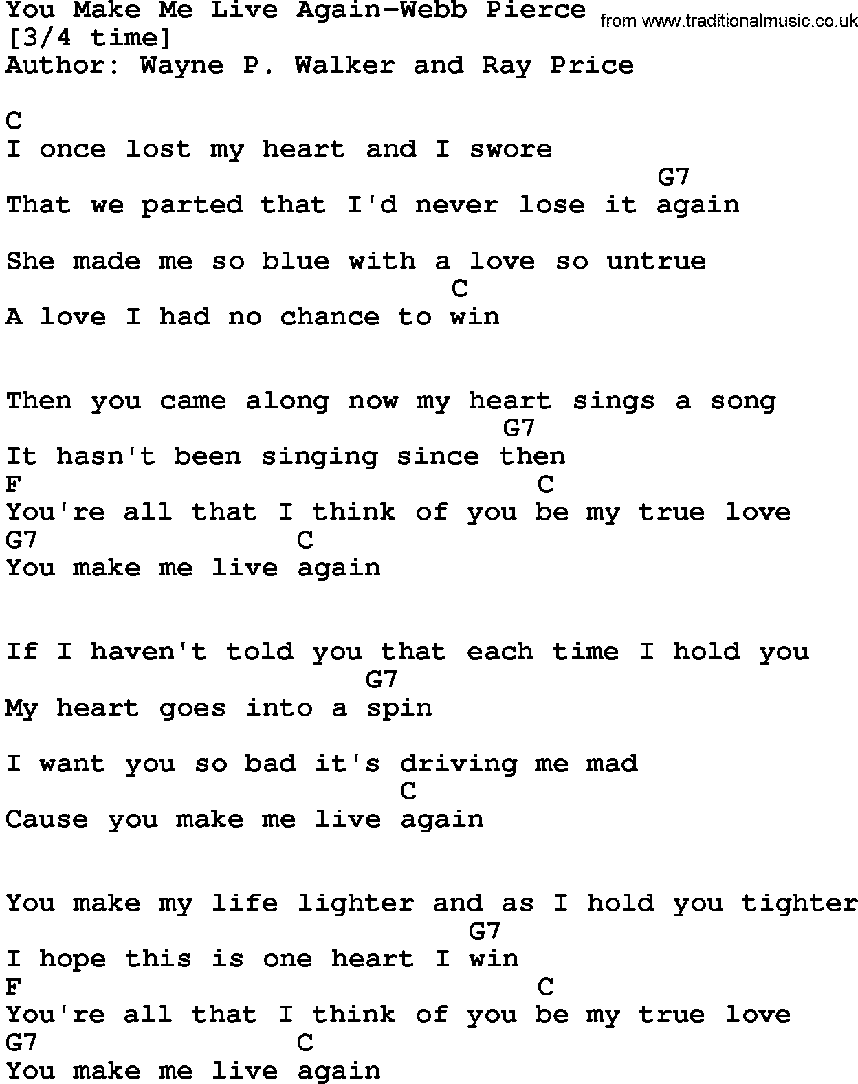 Country music song: You Make Me Live Again-Webb Pierce lyrics and chords