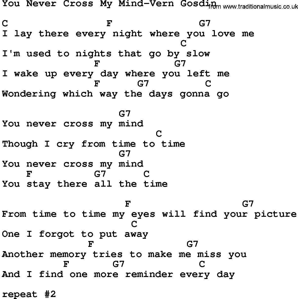 Country music song: You Never Cross My Mind-Vern Gosdin lyrics and chords
