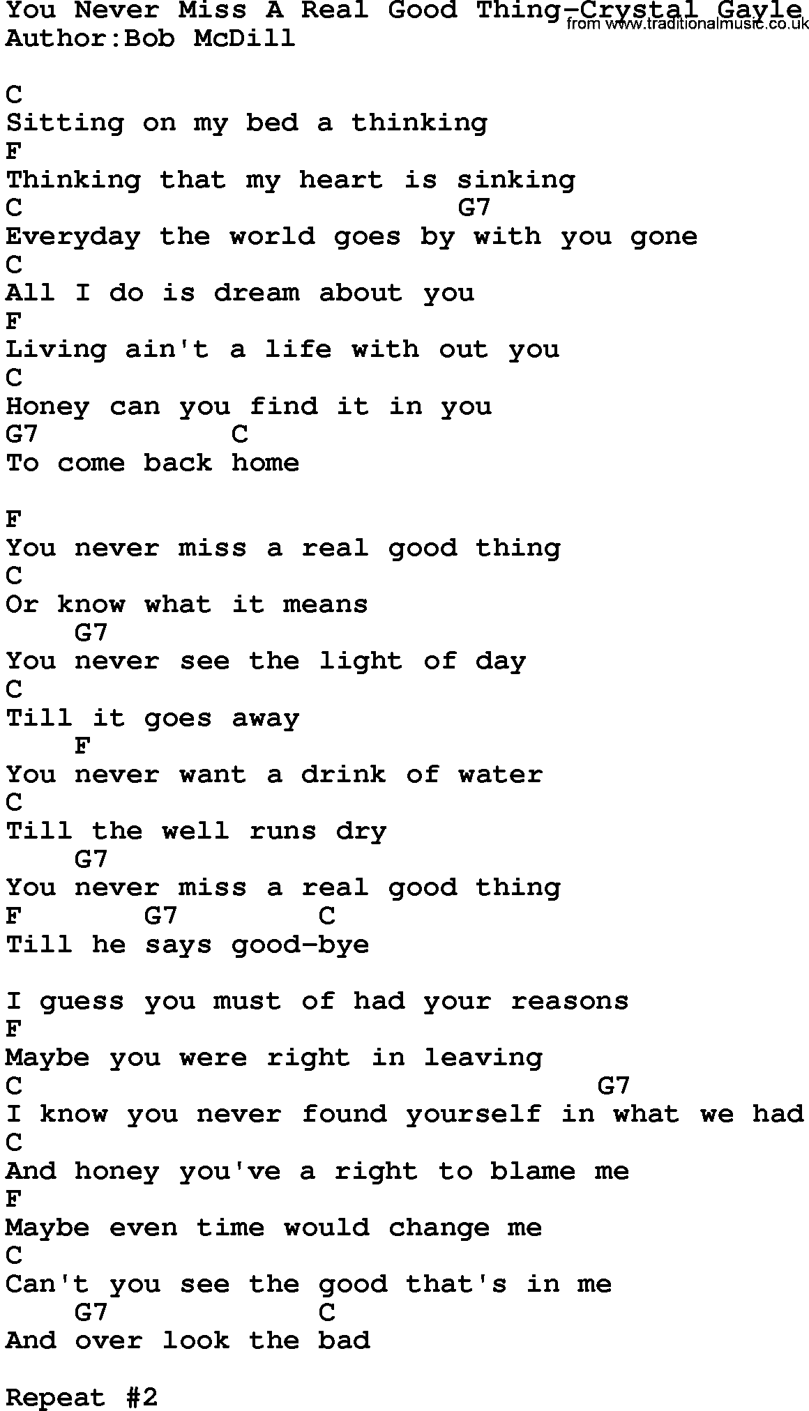 Country music song: You Never Miss A Real Good Thing-Crystal Gayle lyrics and chords